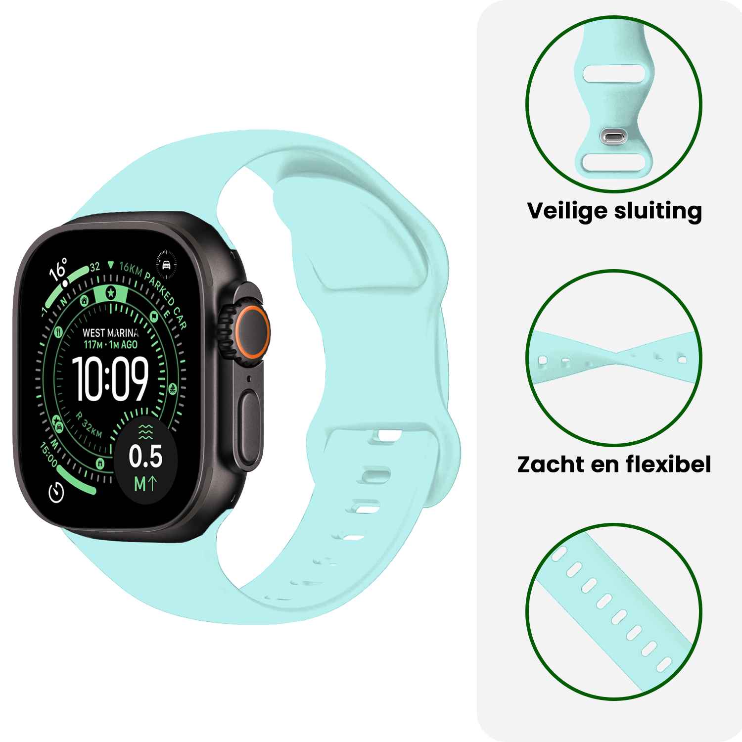 BASEY. BASEY. Apple Watch Bandje Siliconen Verstelbaar (49 mm) - Mint