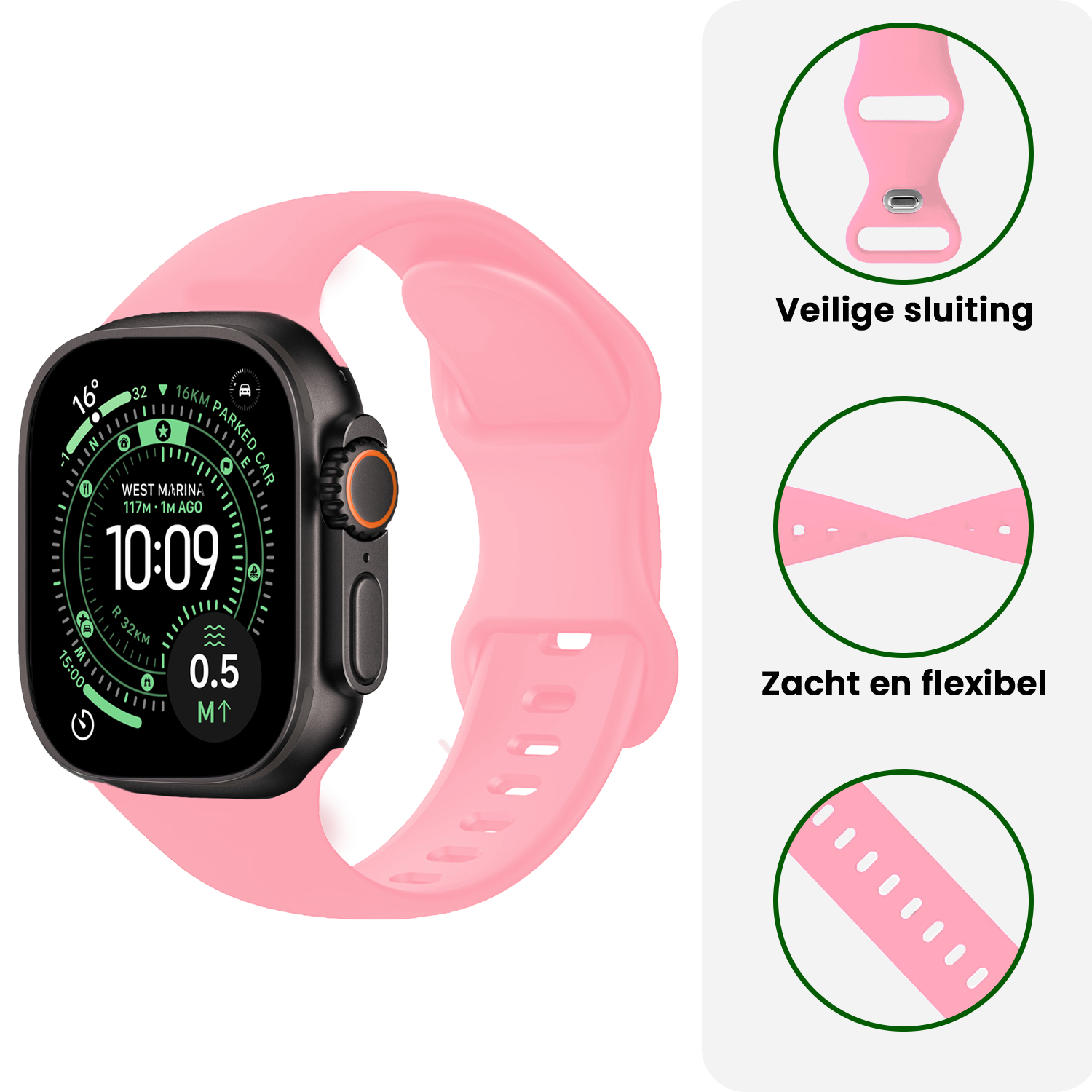 BASEY. BASEY. Apple Watch Bandje Siliconen Verstelbaar (49 mm) - Roze