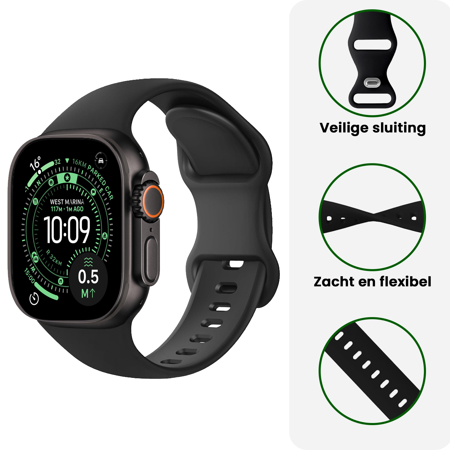 BASEY. BASEY. Apple Watch Bandje Siliconen Verstelbaar (49 mm) - Zwart