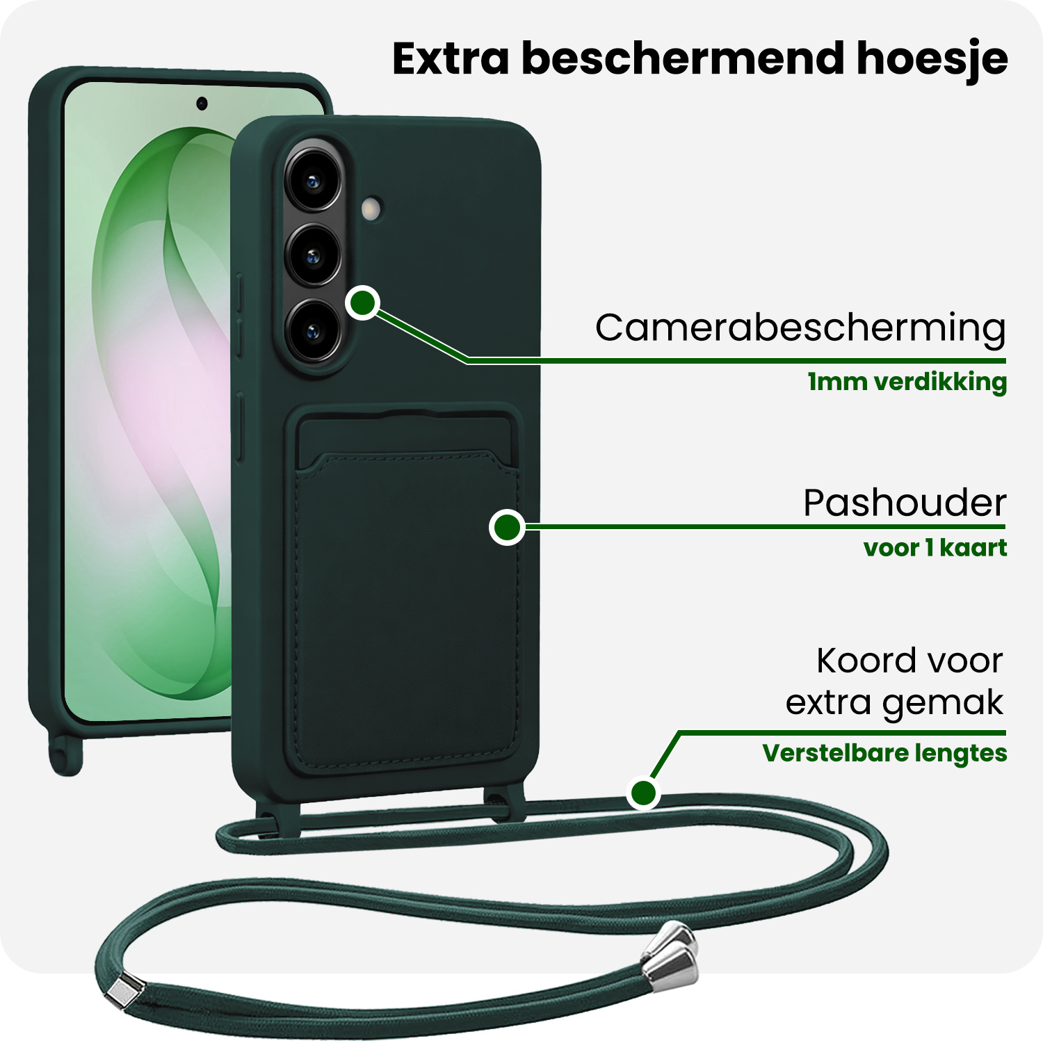 BASEY. BASEY. Samsung Galaxy S26 Hoesje Pashouder met Koord Met 2x Screenprotector - Donkergroen