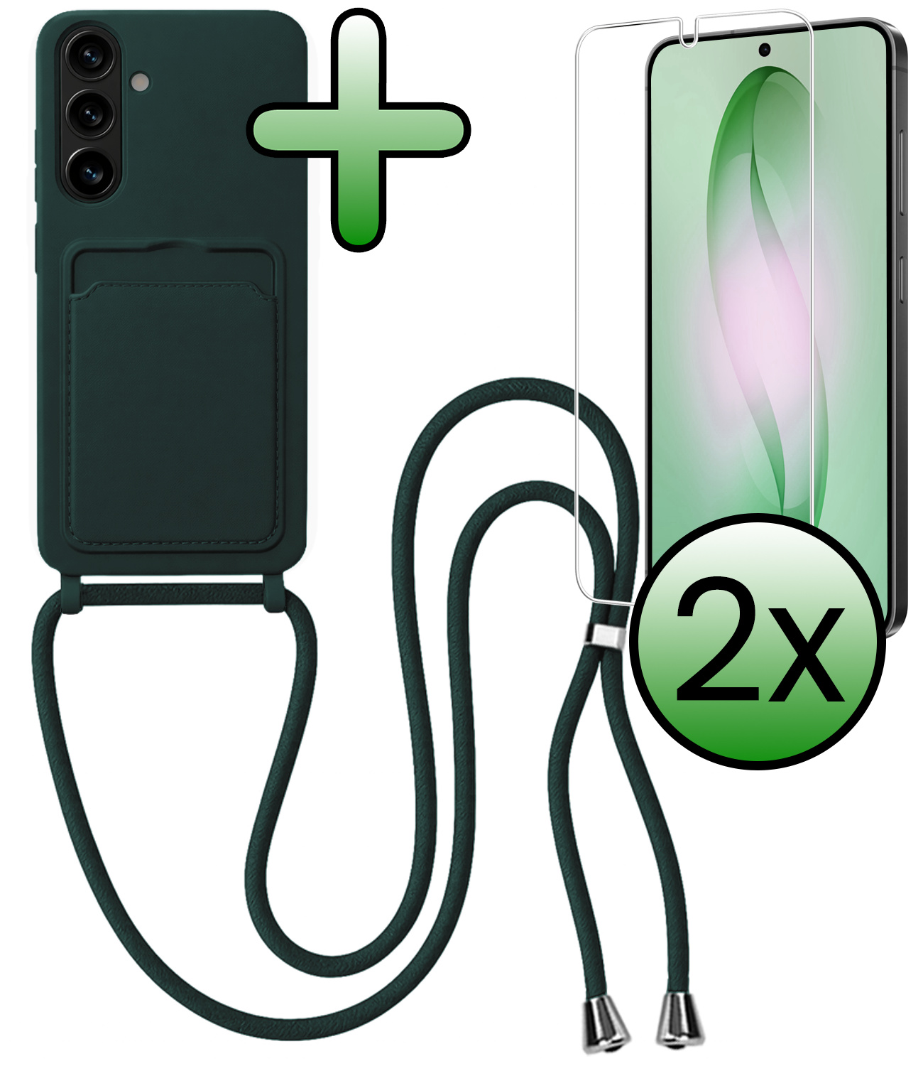 BASEY. BASEY. Samsung Galaxy S26 Plus Hoesje Pashouder met Koord Met 2x Screenprotector - Donkergroen