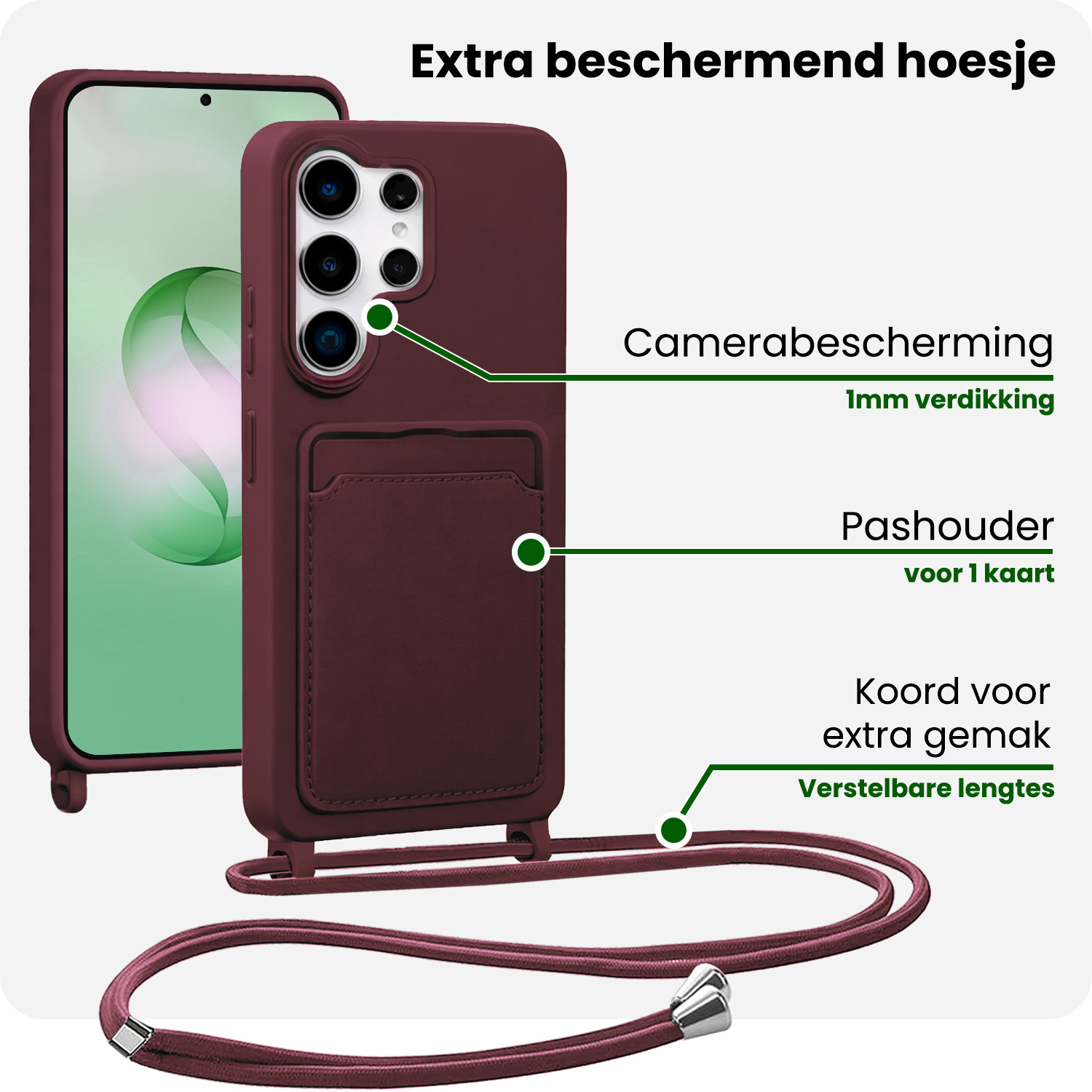 BASEY. BASEY. Samsung Galaxy S26 Ultra Hoesje Pashouder met Koord Met 2x Screenprotector - Aubergine