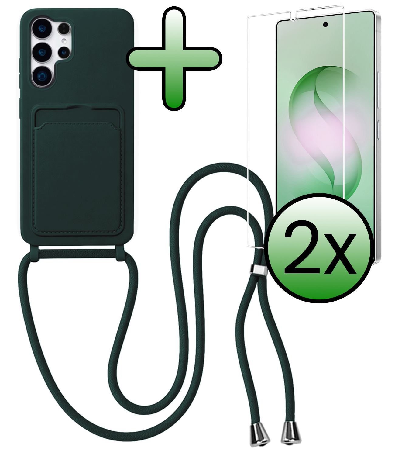 BASEY. BASEY. Samsung Galaxy S26 Ultra Hoesje Pashouder met Koord Met 2x Screenprotector - Donkergroen