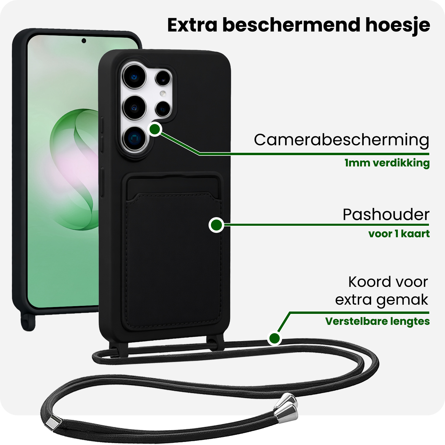 BASEY. BASEY. Samsung Galaxy S26 Ultra Hoesje Pashouder met Koord Met Screenprotector - Zwart