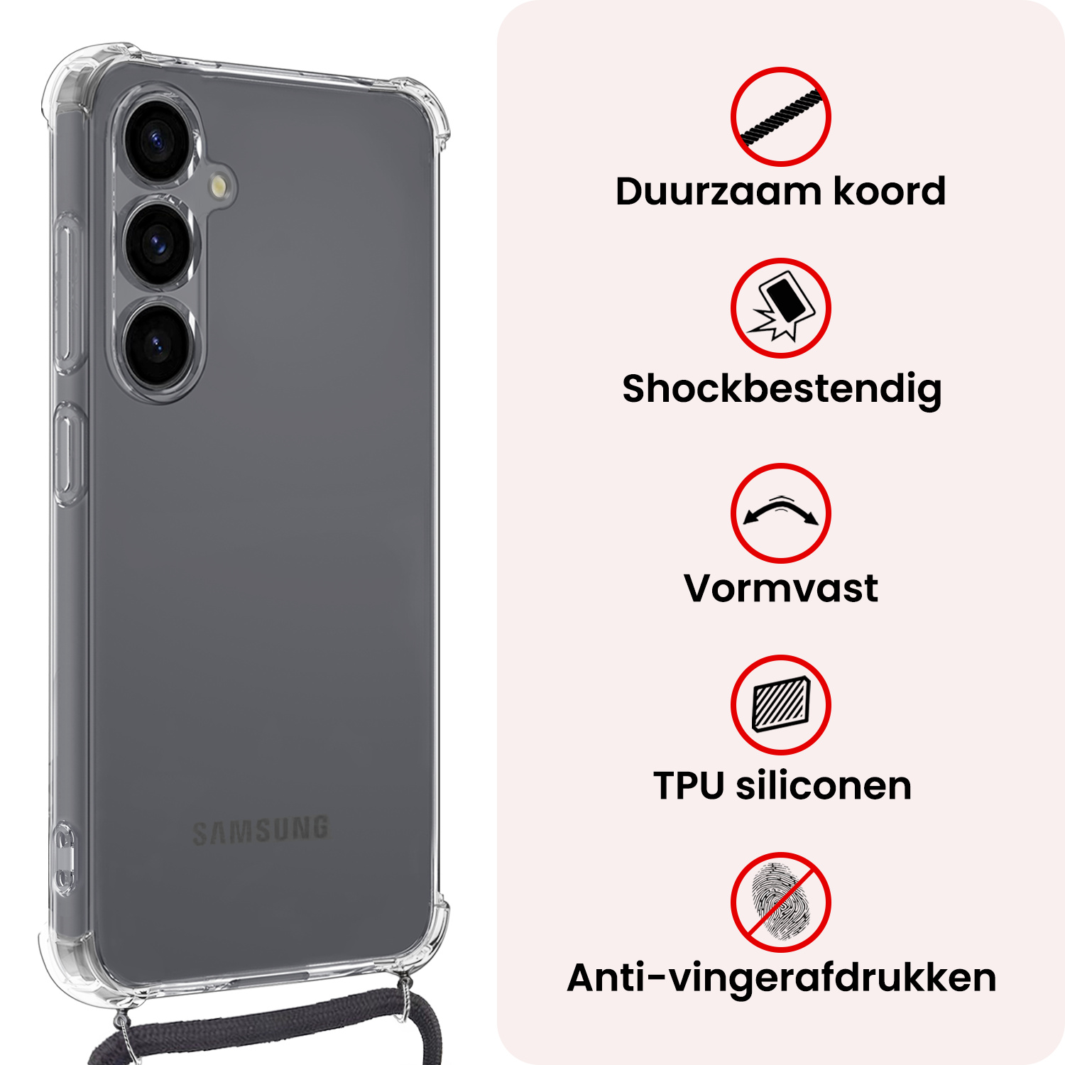 NoXx NoXx Samsung Galaxy S26 Hoesje Transparant Shockproof Met Zwart Koord