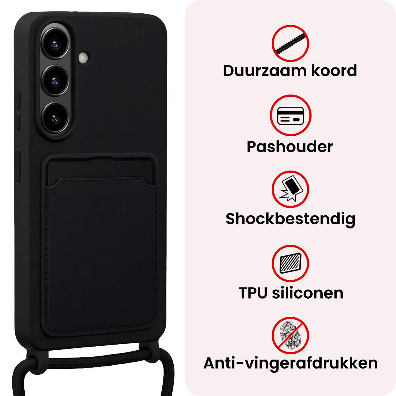 NoXx NoXx Samsung Galaxy S26 Hoesje Pashouder met Koord Met 2x Screenprotector - Zwart