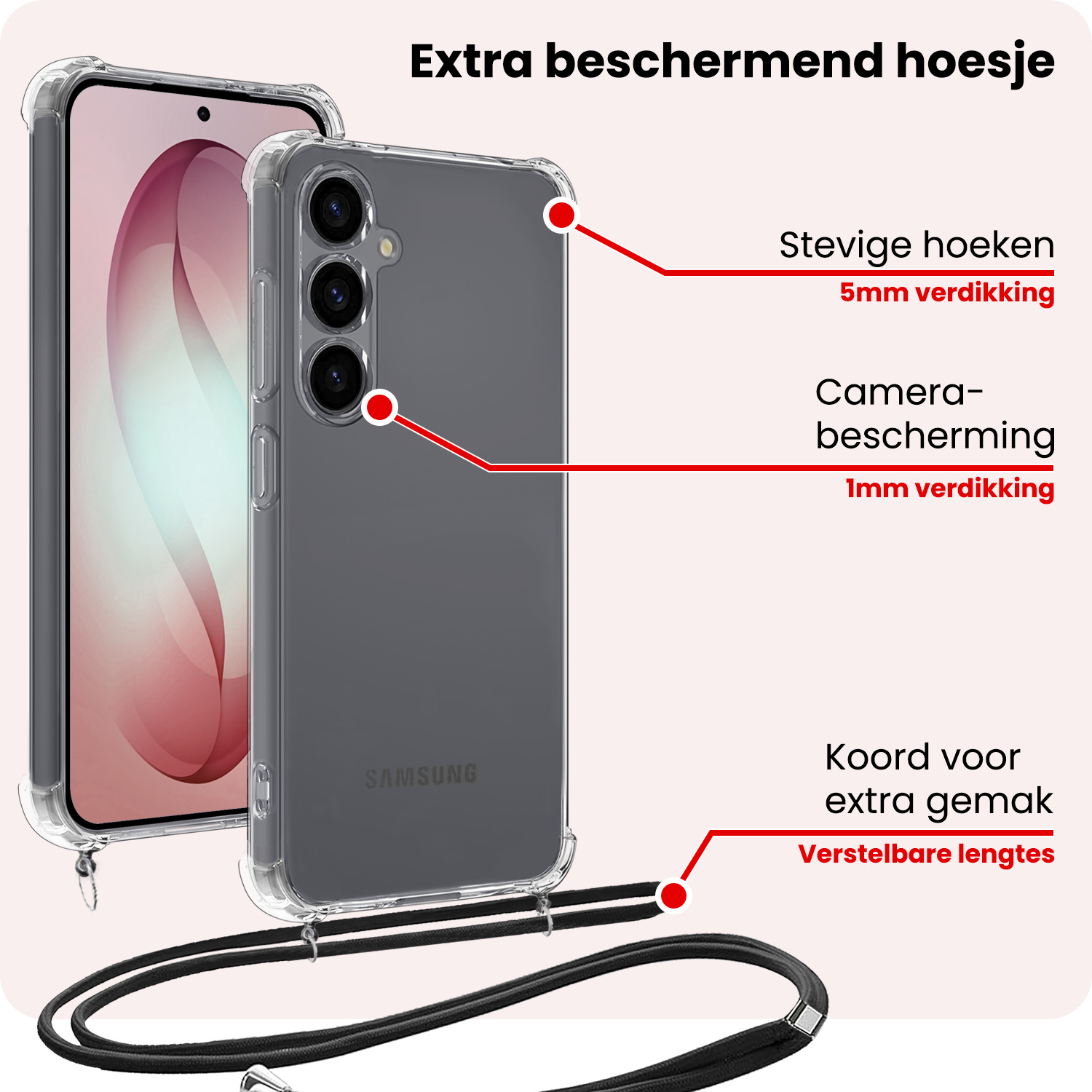 NoXx NoXx Samsung Galaxy S26 Plus Hoesje Transparant Shockproof Met Zwart Koord