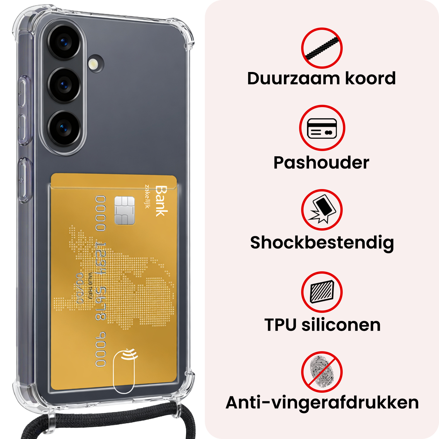 NoXx NoXx Samsung Galaxy S26 Plus Hoesje Pashouder met Koord Met Screenprotector
