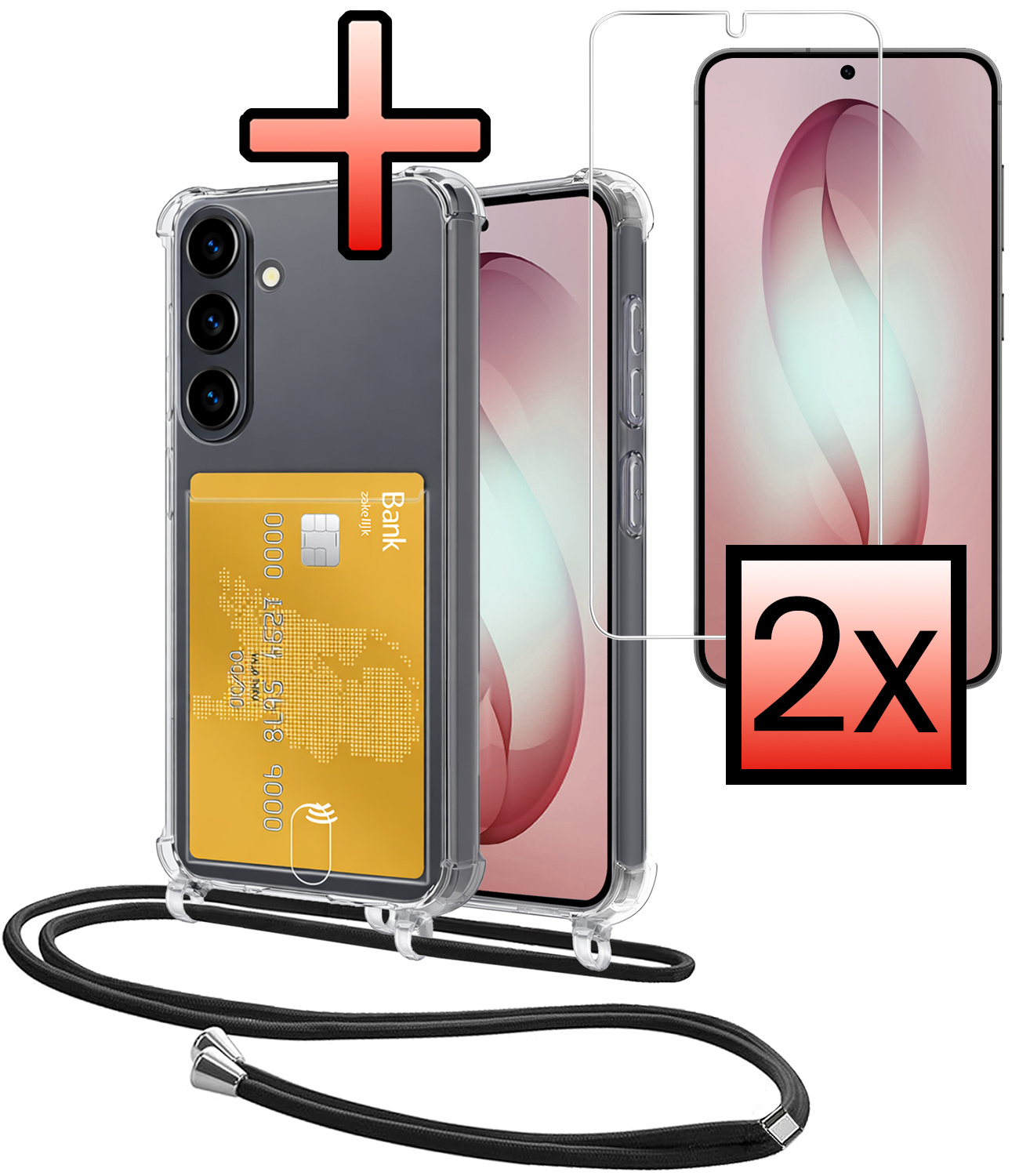 NoXx NoXx Samsung Galaxy S26 Plus Hoesje Pashouder met Koord Met 2x Screenprotector