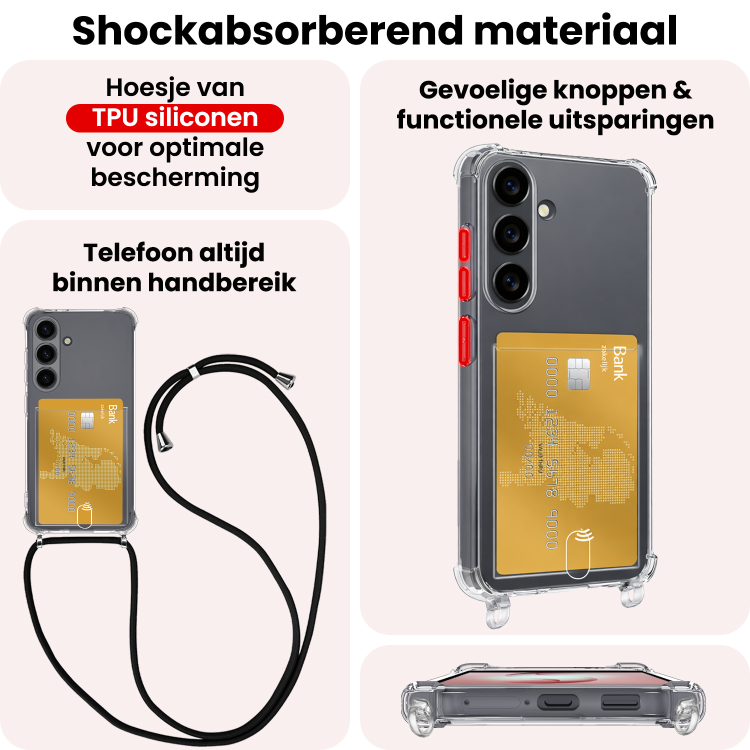 NoXx NoXx Samsung Galaxy S26 Plus Hoesje Pashouder met Koord Met 2x Screenprotector