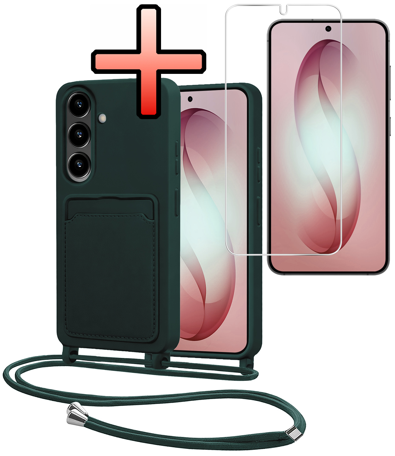 NoXx NoXx Samsung Galaxy S26 Plus Hoesje Pashouder met Koord Met Screenprotector - Donkergroen