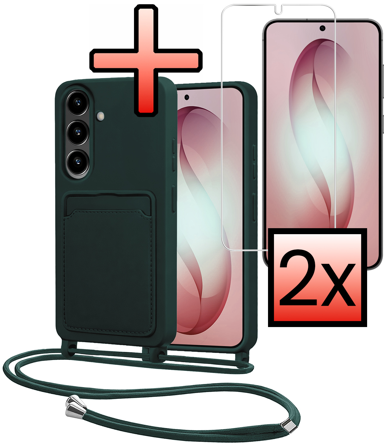 NoXx NoXx Samsung Galaxy S26 Plus Hoesje Pashouder met Koord Met 2x Screenprotector - Donkergroen