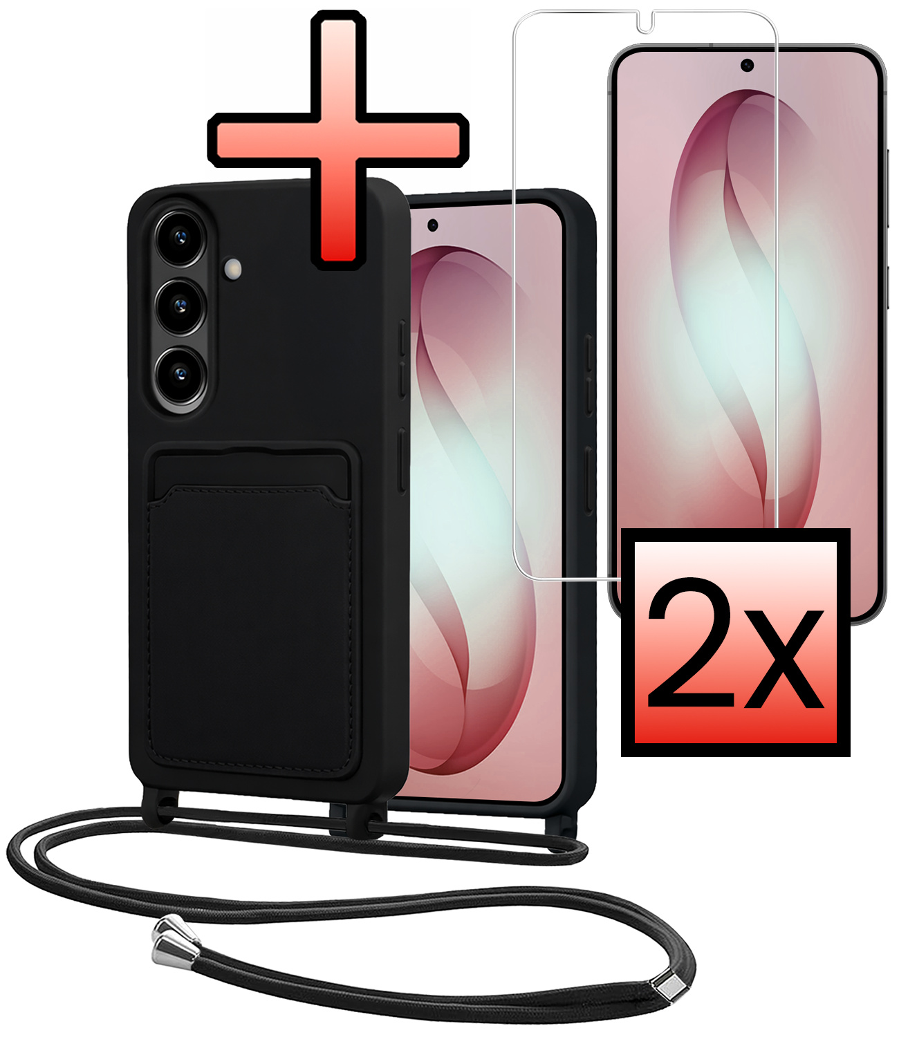 NoXx NoXx Samsung Galaxy S26 Plus Hoesje Pashouder met Koord Met 2x Screenprotector - Zwart