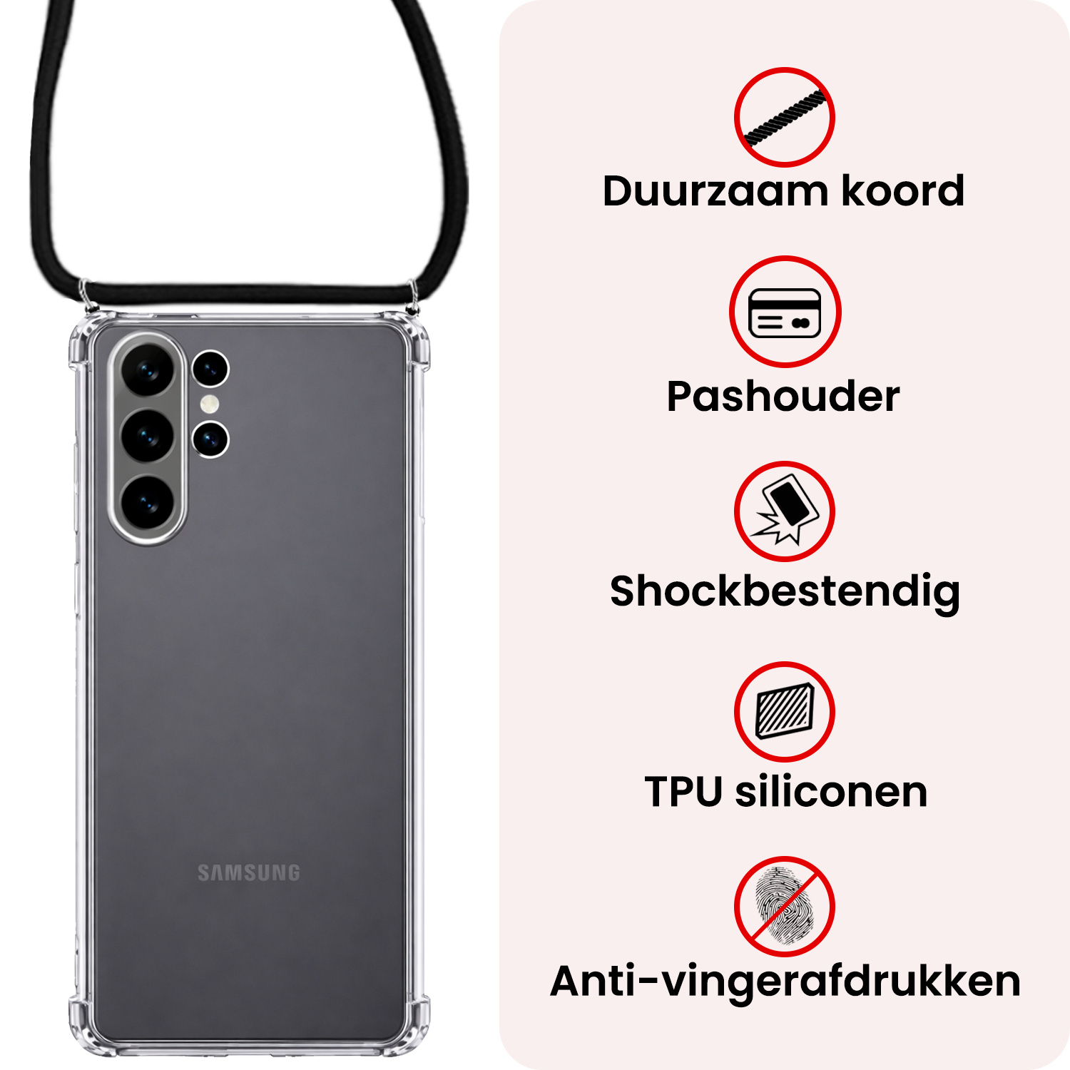 NoXx NoXx Samsung Galaxy S26 Ultra Hoesje Transparant Shockproof Met Zwart Koord