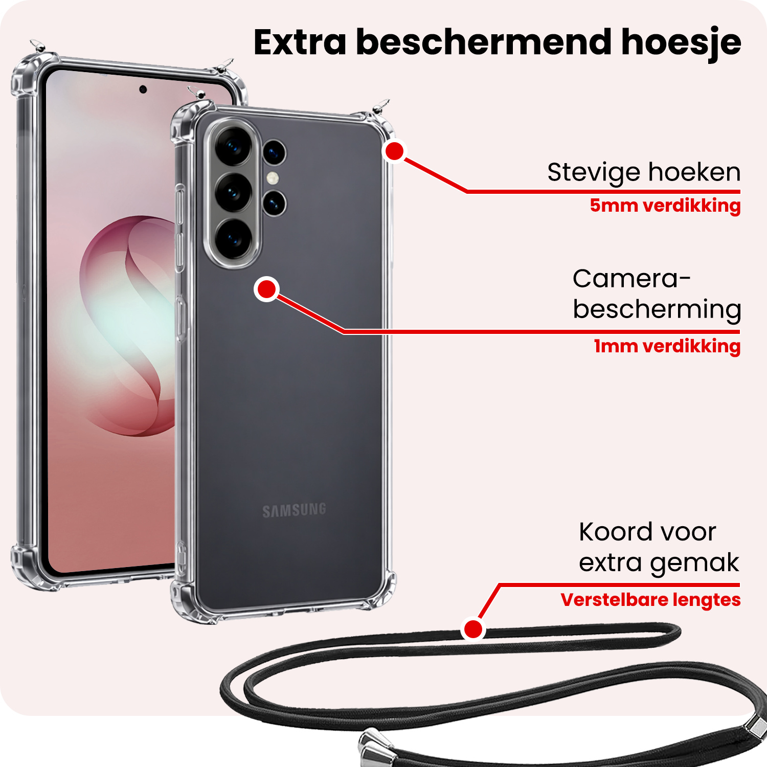 NoXx NoXx Samsung Galaxy S26 Ultra Hoesje Transparant Shockproof Met Zwart Koord