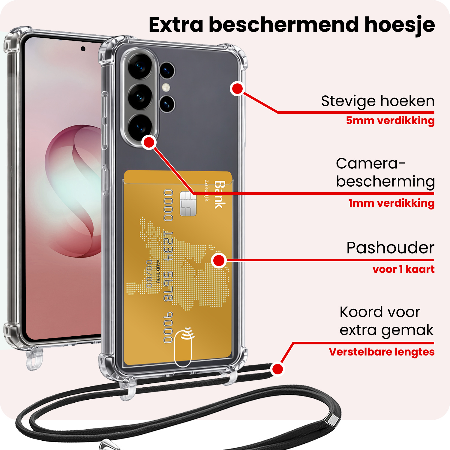NoXx NoXx Samsung Galaxy S26 Ultra Hoesje Pashouder met Koord Met 2x Screenprotector