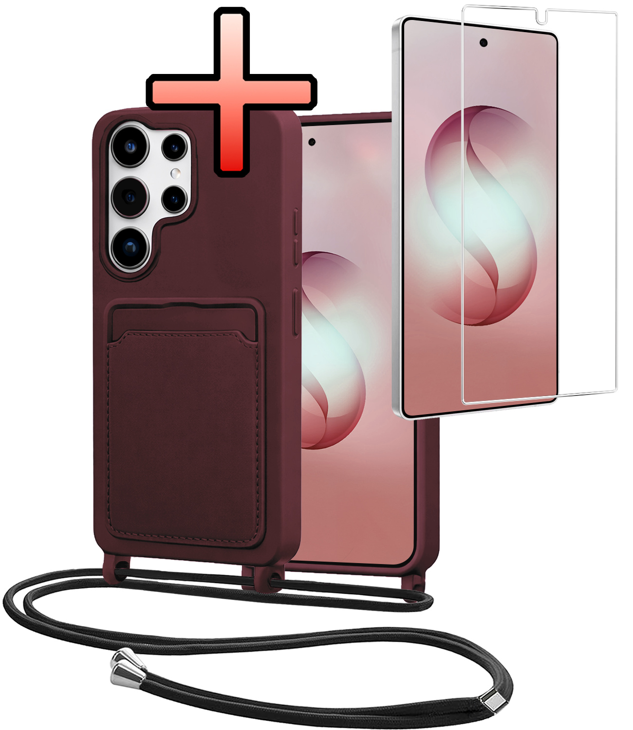NoXx NoXx Samsung Galaxy S26 Ultra Hoesje Pashouder met Koord Met Screenprotector - Aubergine