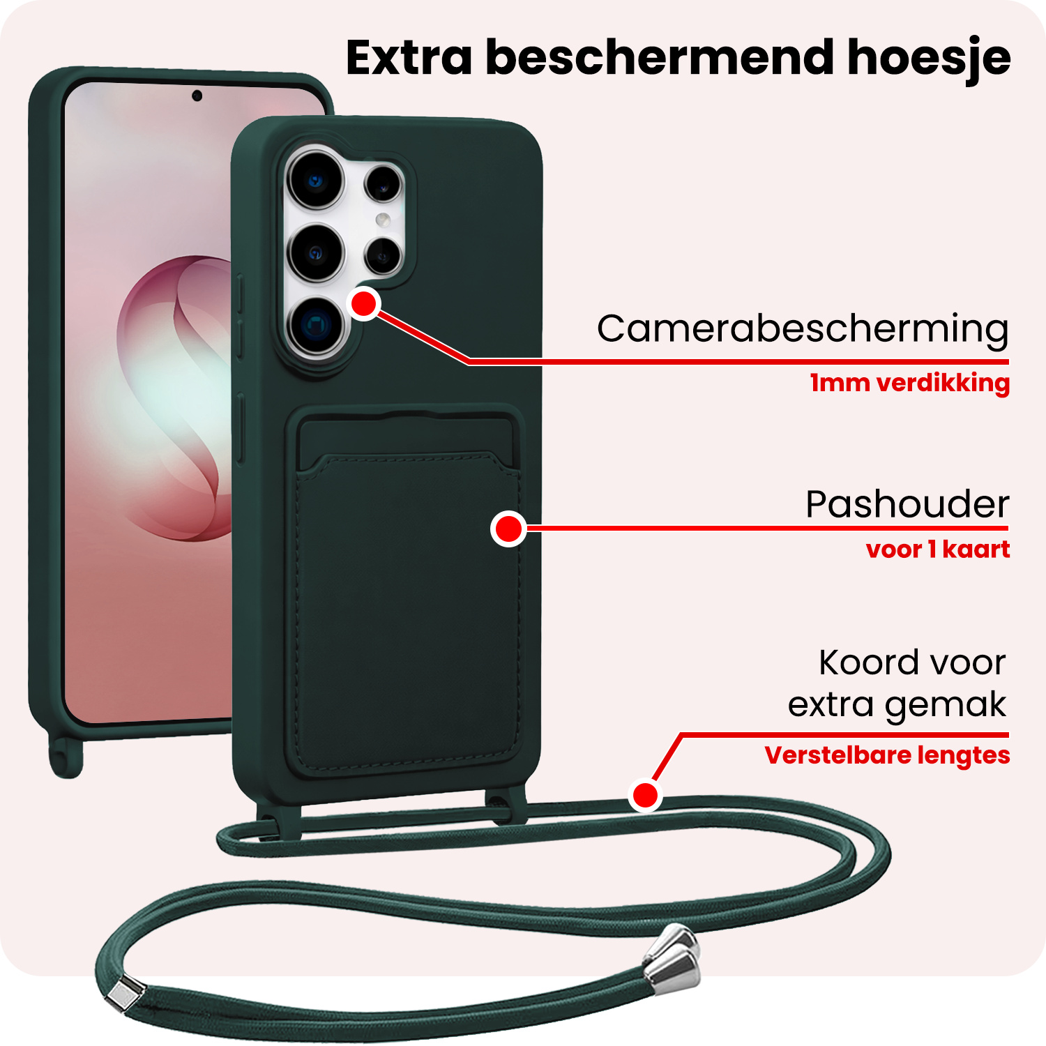 NoXx NoXx Samsung Galaxy S26 Ultra Hoesje Pashouder met Koord - Donkergroen