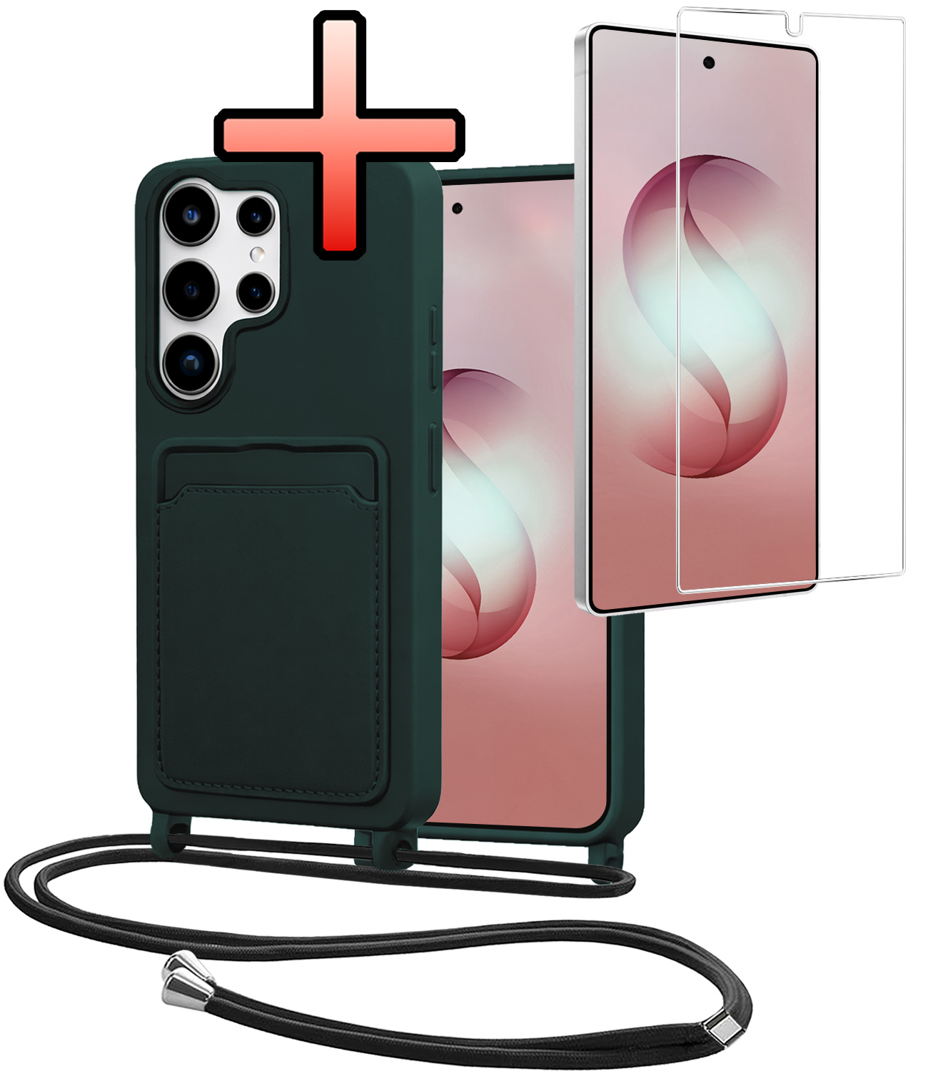NoXx NoXx Samsung Galaxy S26 Ultra Hoesje Pashouder met Koord Met Screenprotector - Donkergroen