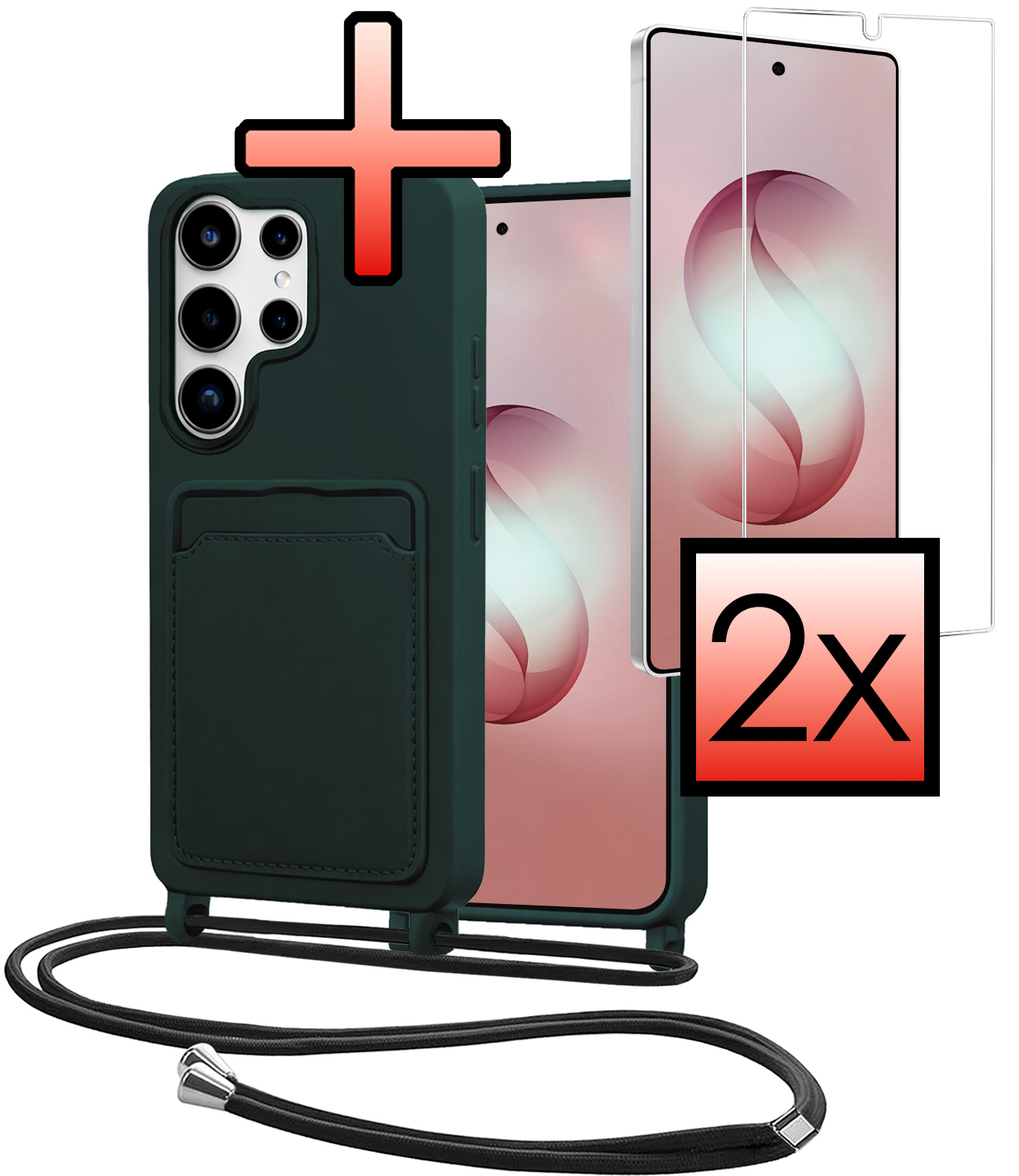 NoXx NoXx Samsung Galaxy S26 Ultra Hoesje Pashouder met Koord Met 2x Screenprotector - Donkergroen