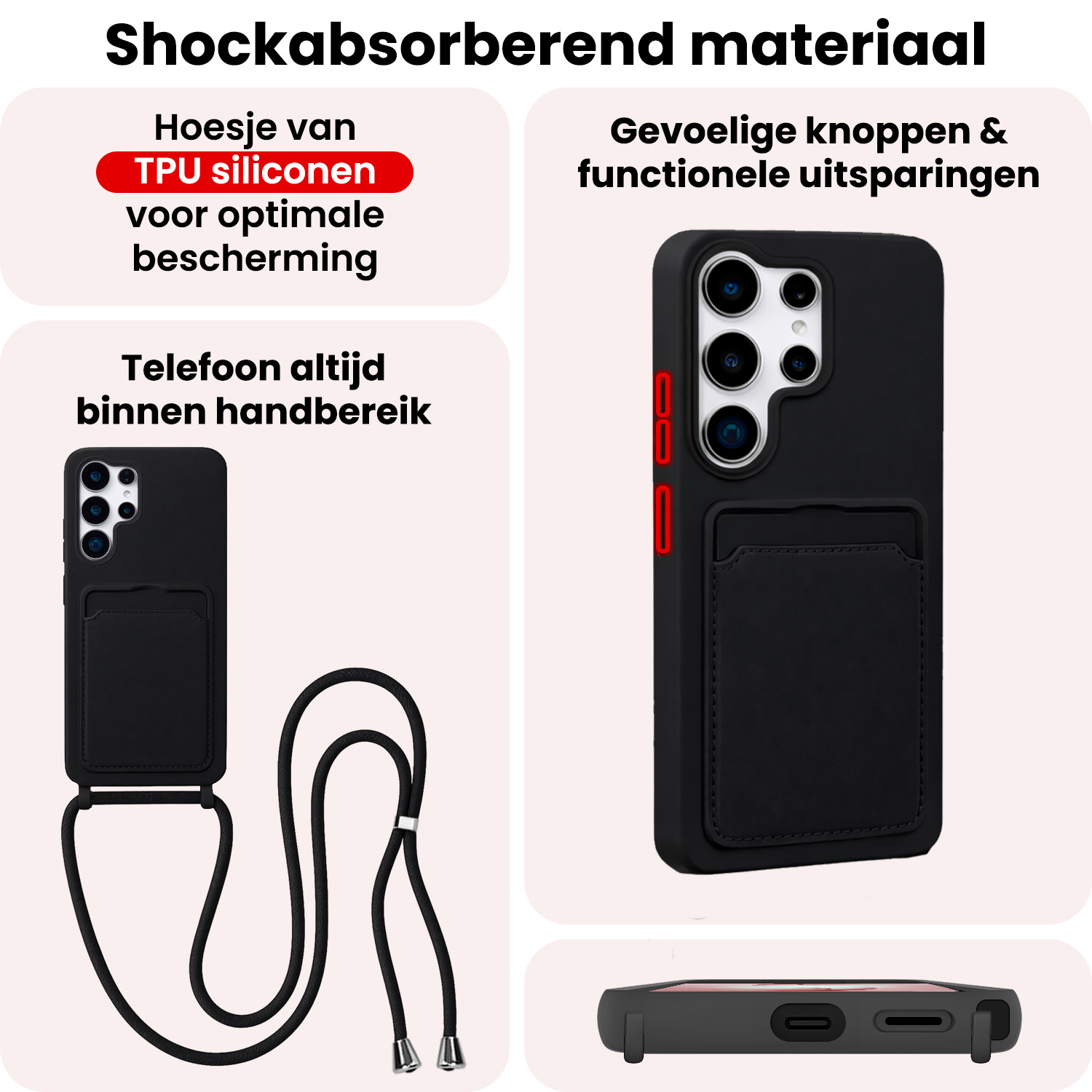 NoXx NoXx Samsung Galaxy S26 Ultra Hoesje Pashouder met Koord - Zwart