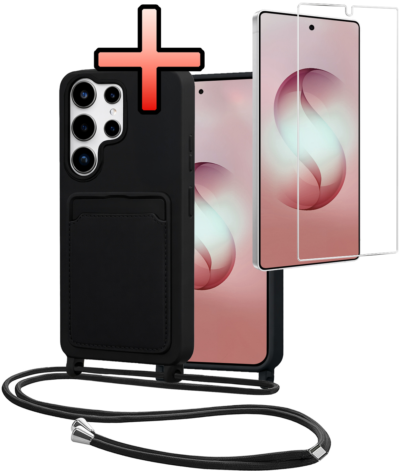 NoXx NoXx Samsung Galaxy S26 Ultra Hoesje Pashouder met Koord Met Screenprotector - Zwart