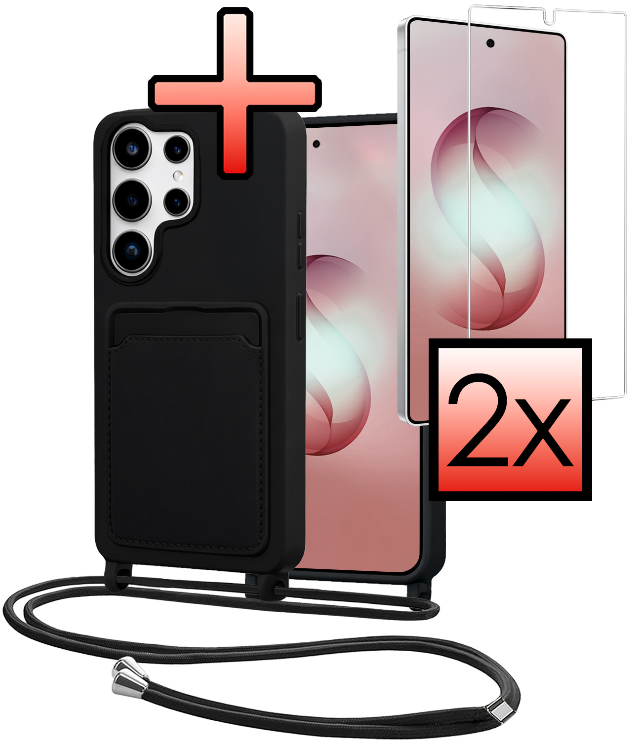 NoXx NoXx Samsung Galaxy S26 Ultra Hoesje Pashouder met Koord Met 2x Screenprotector - Zwart