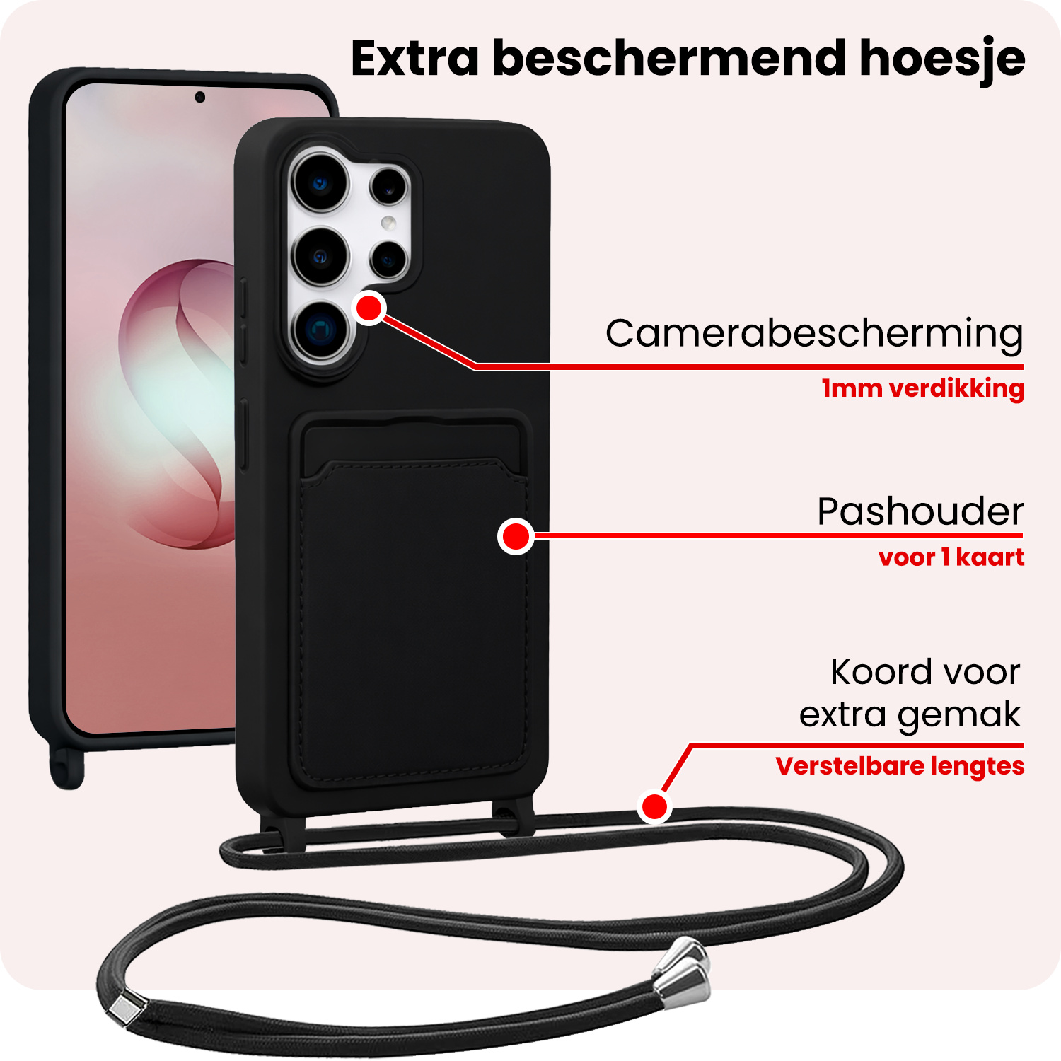 NoXx NoXx Samsung Galaxy S26 Ultra Hoesje Pashouder met Koord Met 2x Screenprotector - Zwart