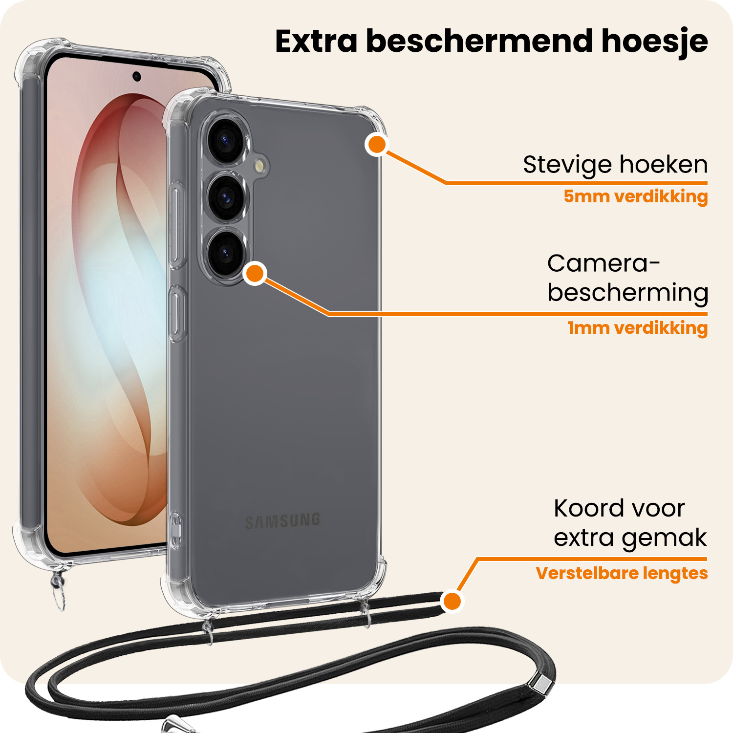 Nomfy Nomfy Samsung Galaxy S26 Plus Hoesje Transparant Shockproof Met Zwart Koord