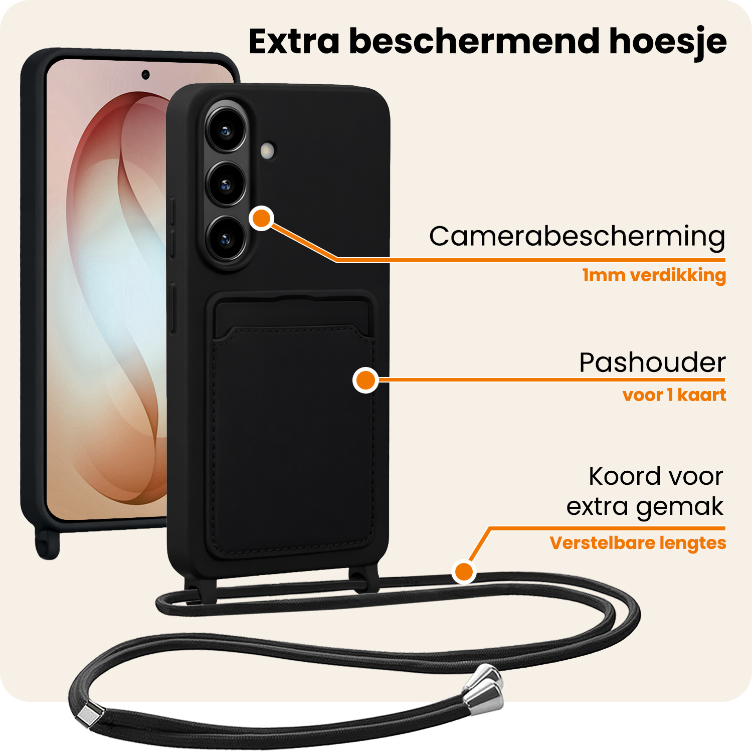 Nomfy Nomfy Samsung Galaxy S26 Plus Hoesje Pashouder met Koord Met 2x Screenprotector - Zwart