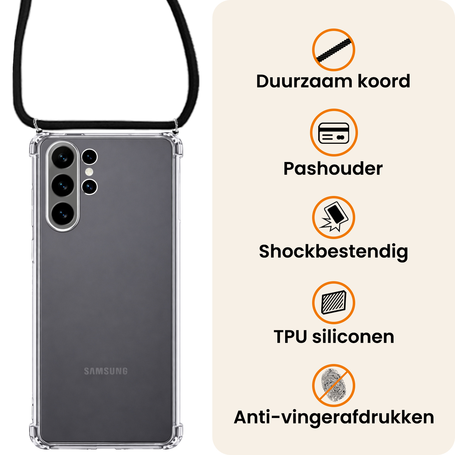 Nomfy Nomfy Samsung Galaxy S26 Ultra Hoesje Transparant Shockproof Met Zwart Koord