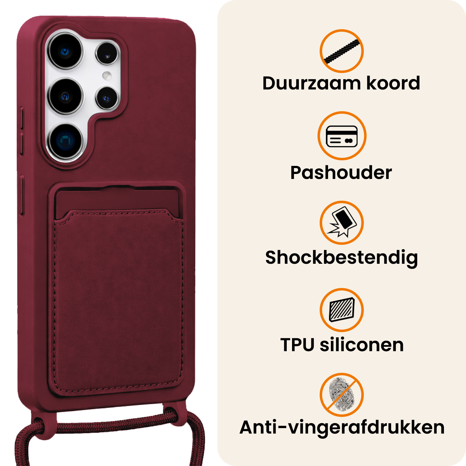 Nomfy Nomfy Samsung Galaxy S26 Ultra Hoesje Pashouder met Koord Met Screenprotector - Aubergine
