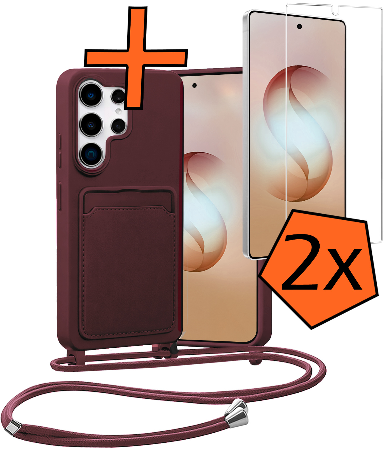 Nomfy Nomfy Samsung Galaxy S26 Ultra Hoesje Pashouder met Koord Met 2x Screenprotector - Aubergine