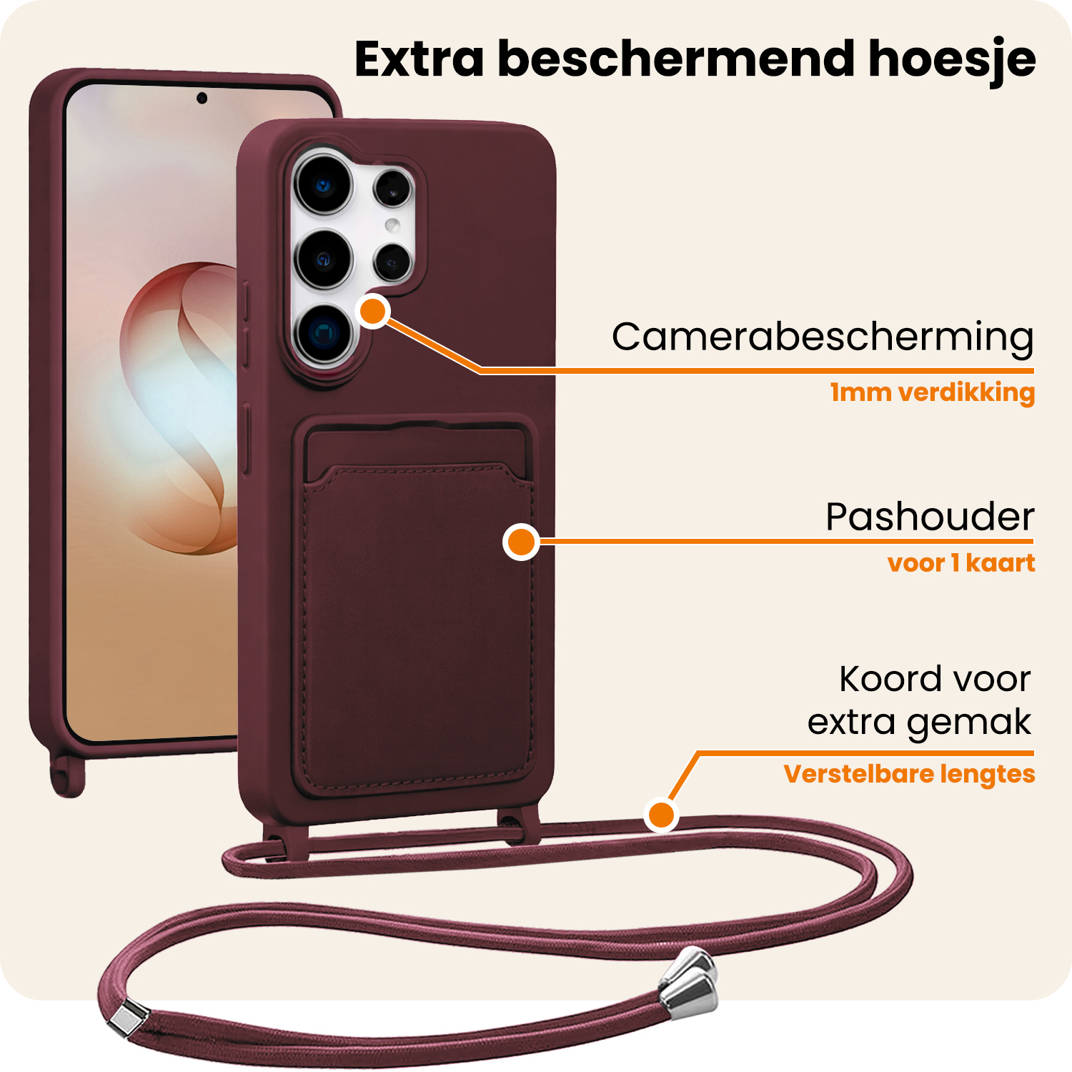 Nomfy Nomfy Samsung Galaxy S26 Ultra Hoesje Pashouder met Koord Met 2x Screenprotector - Aubergine