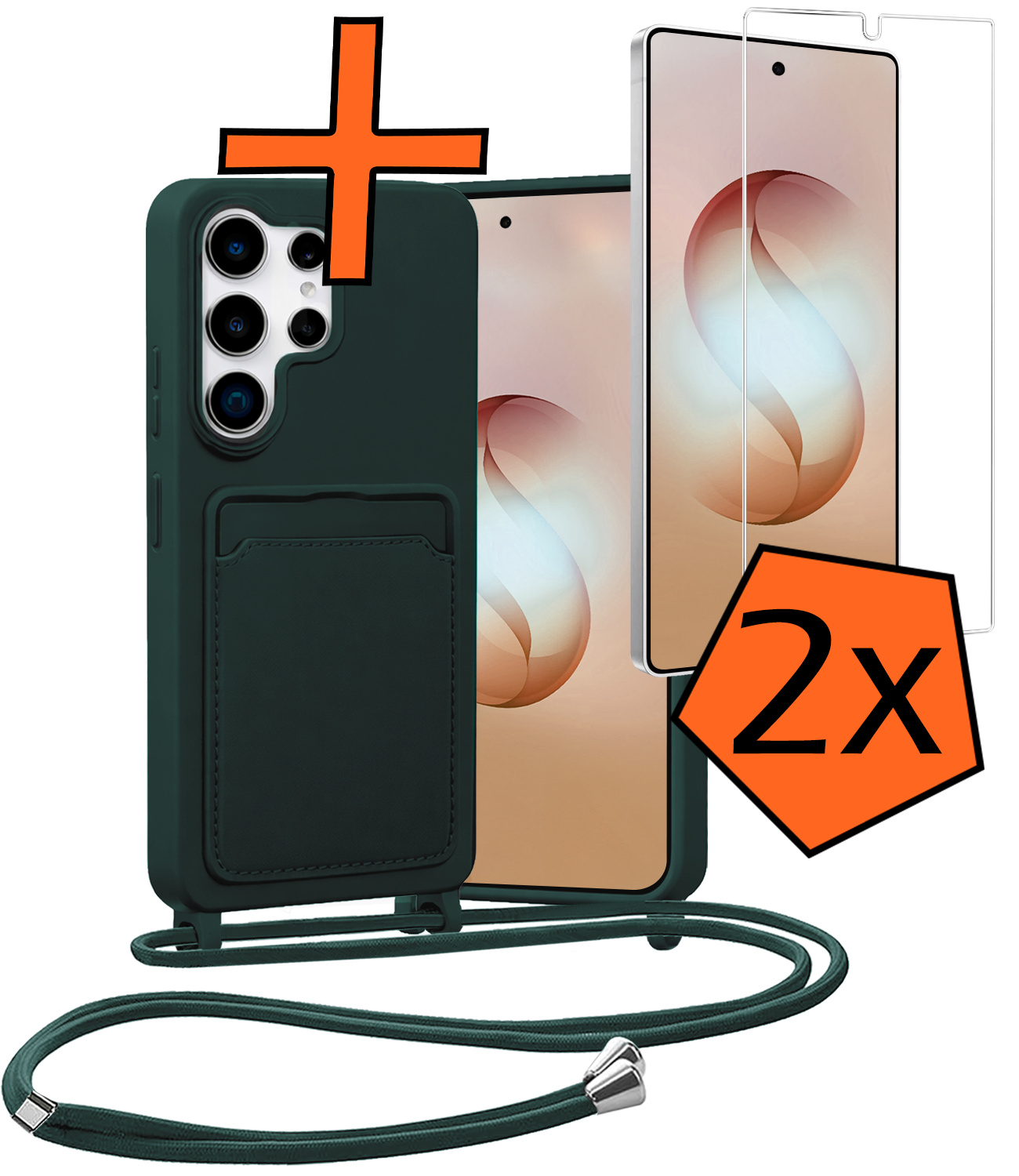 Nomfy Nomfy Samsung Galaxy S26 Ultra Hoesje Pashouder met Koord Met 2x Screenprotector - Donkergroen