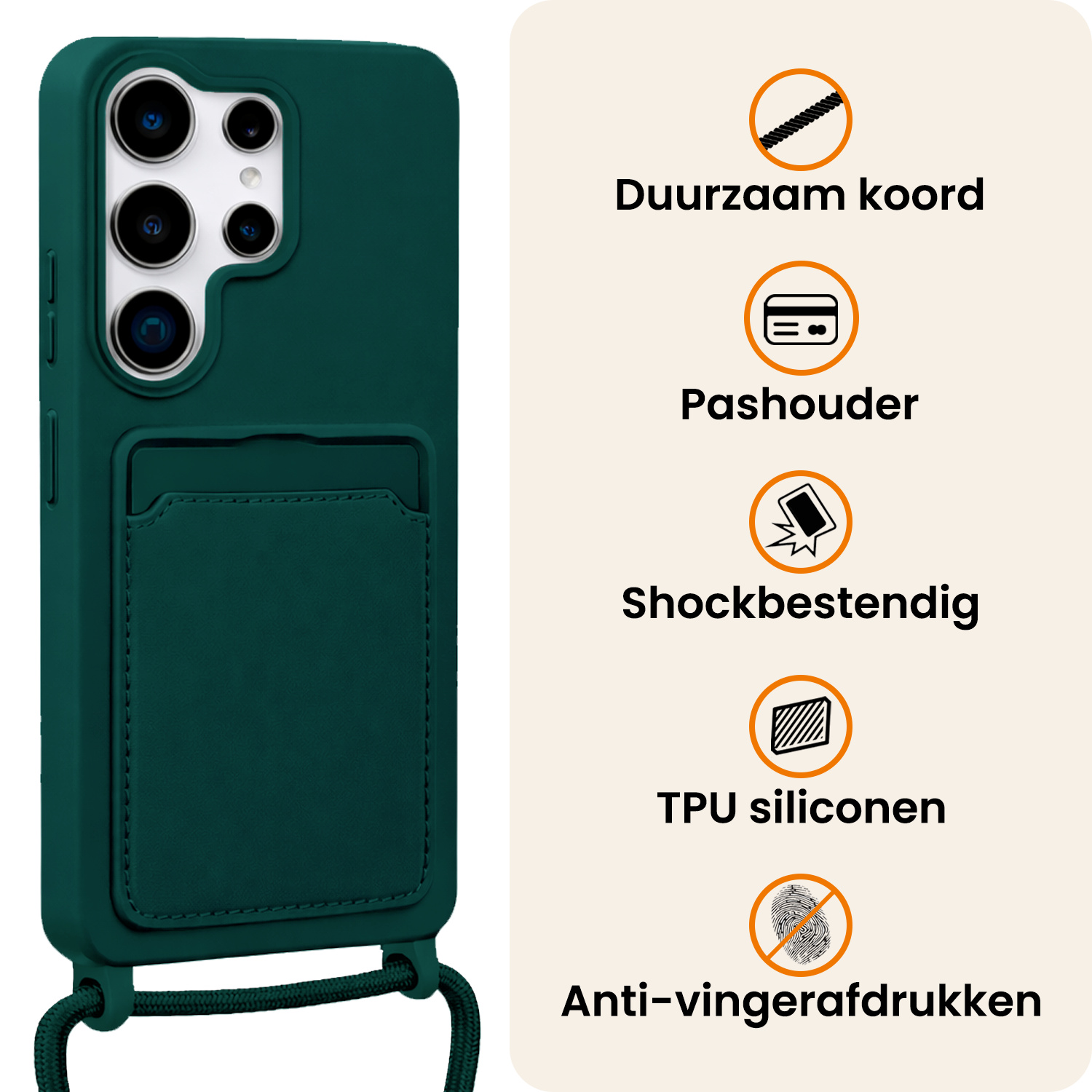 Nomfy Nomfy Samsung Galaxy S26 Ultra Hoesje Pashouder met Koord Met 2x Screenprotector - Donkergroen