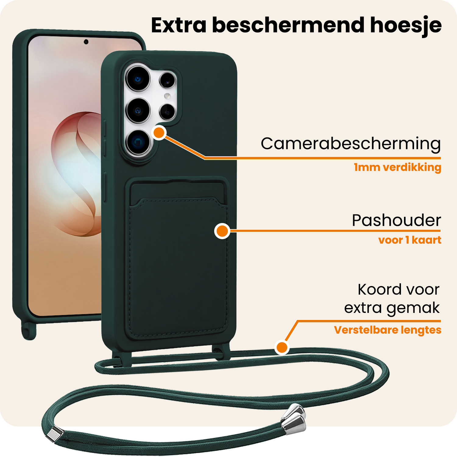 Nomfy Nomfy Samsung Galaxy S26 Ultra Hoesje Pashouder met Koord Met 2x Screenprotector - Donkergroen