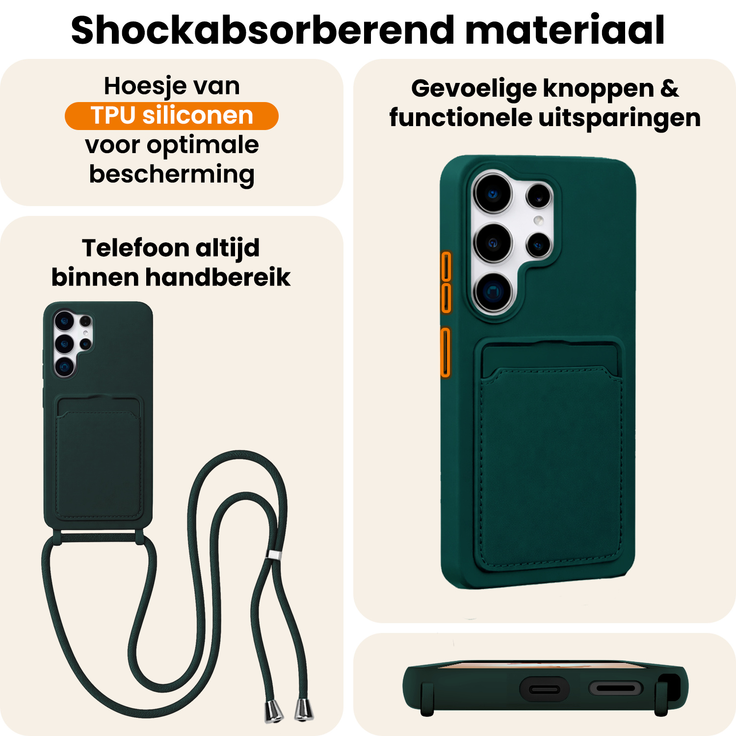 Nomfy Nomfy Samsung Galaxy S26 Ultra Hoesje Pashouder met Koord Met 2x Screenprotector - Donkergroen