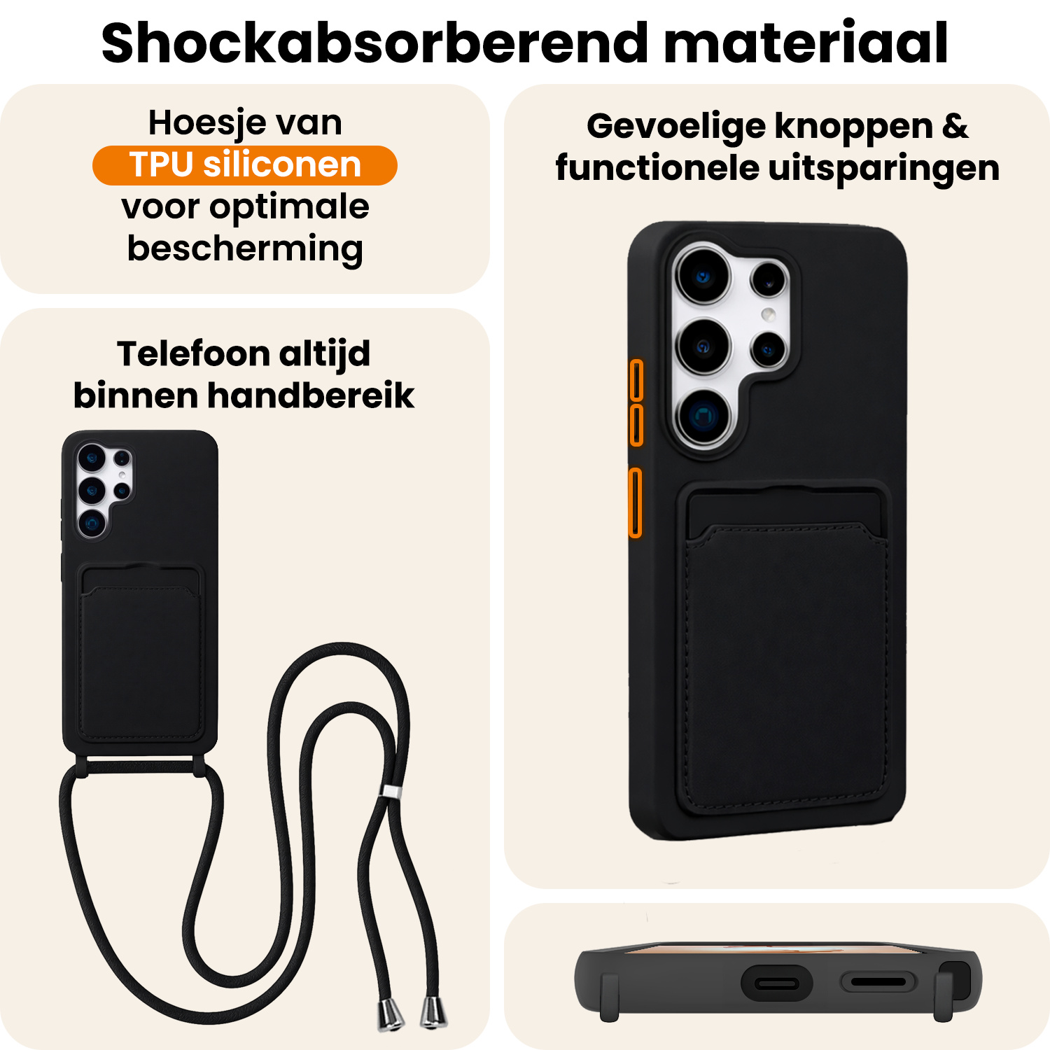 Nomfy Nomfy Samsung Galaxy S26 Ultra Hoesje Pashouder met Koord Met Screenprotector - Zwart