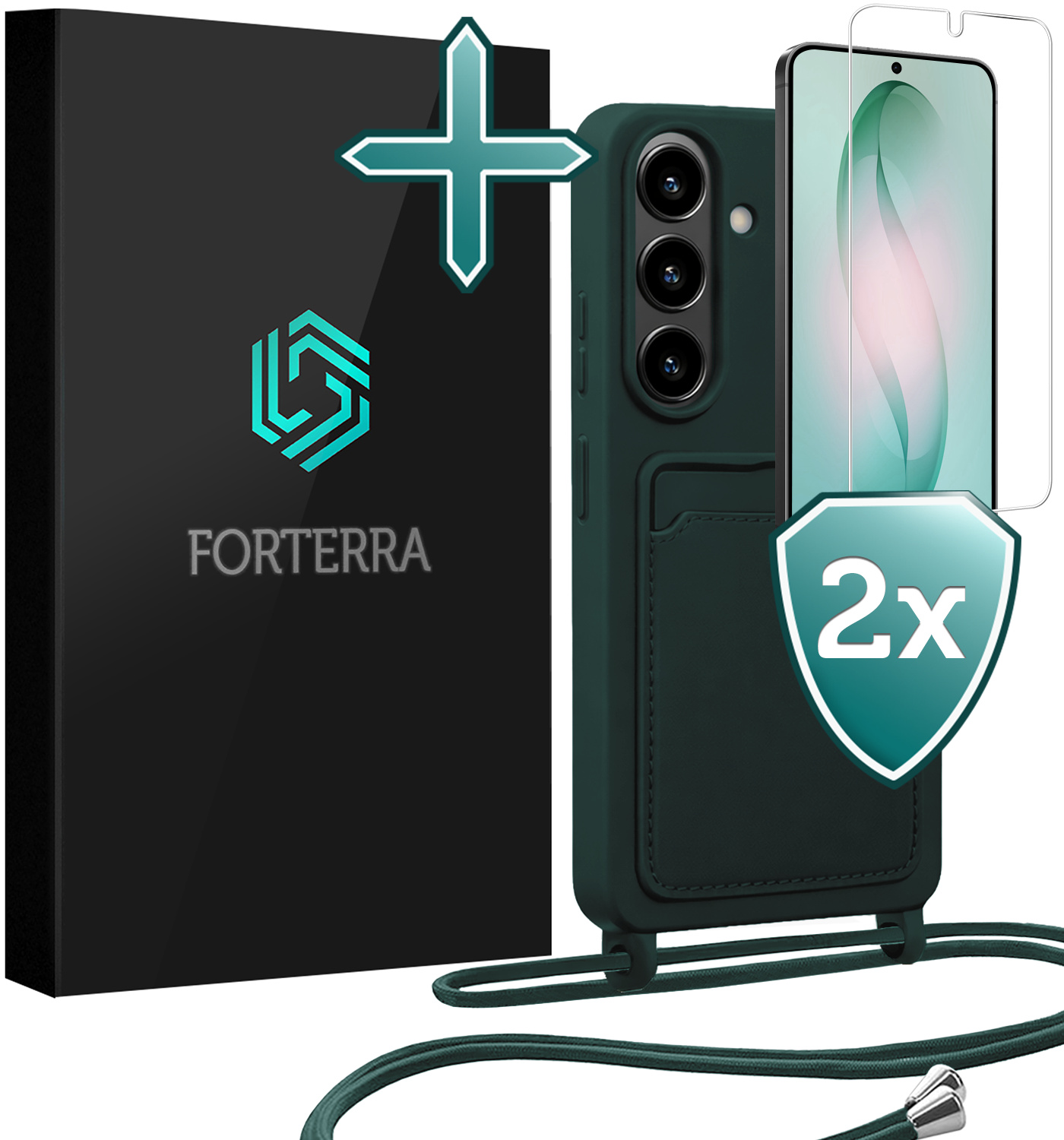 Forterra Forterra Samsung Galaxy S26 Hoesje Pashouder met Koord Met 2x Screenprotector - Donkergroen