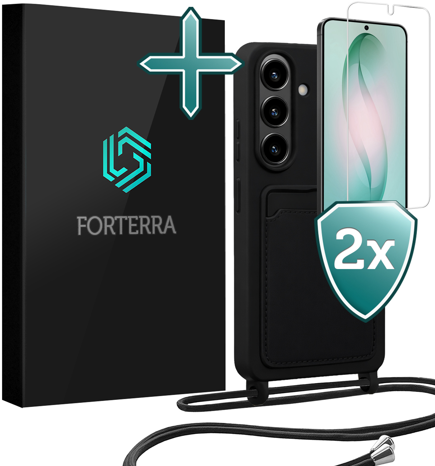 Forterra Forterra Samsung Galaxy S26 Plus Hoesje Pashouder met Koord Met 2x Screenprotector - Zwart