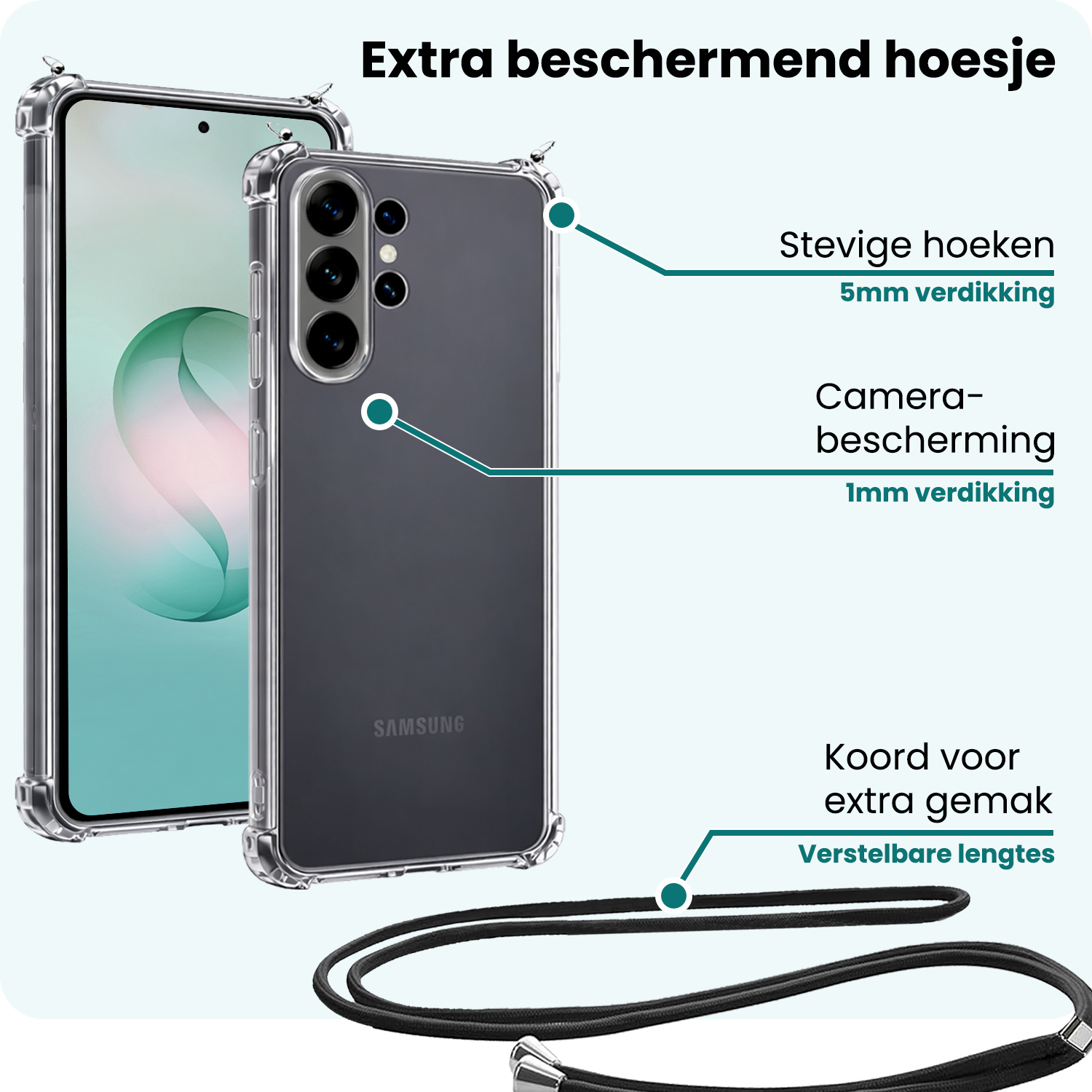 Forterra Forterra Samsung Galaxy S26 Ultra Hoesje Transparant Shockproof Met Zwart Koord