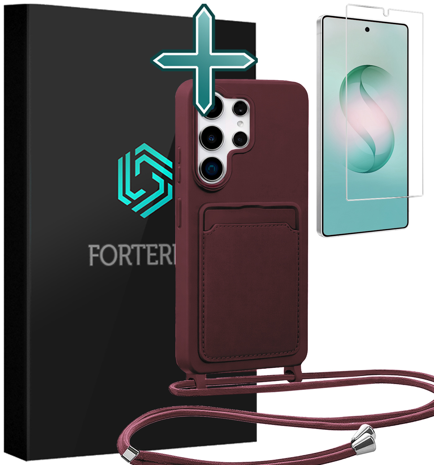 Forterra Forterra Samsung Galaxy S26 Ultra Hoesje Pashouder met Koord Met Screenprotector - Aubergine