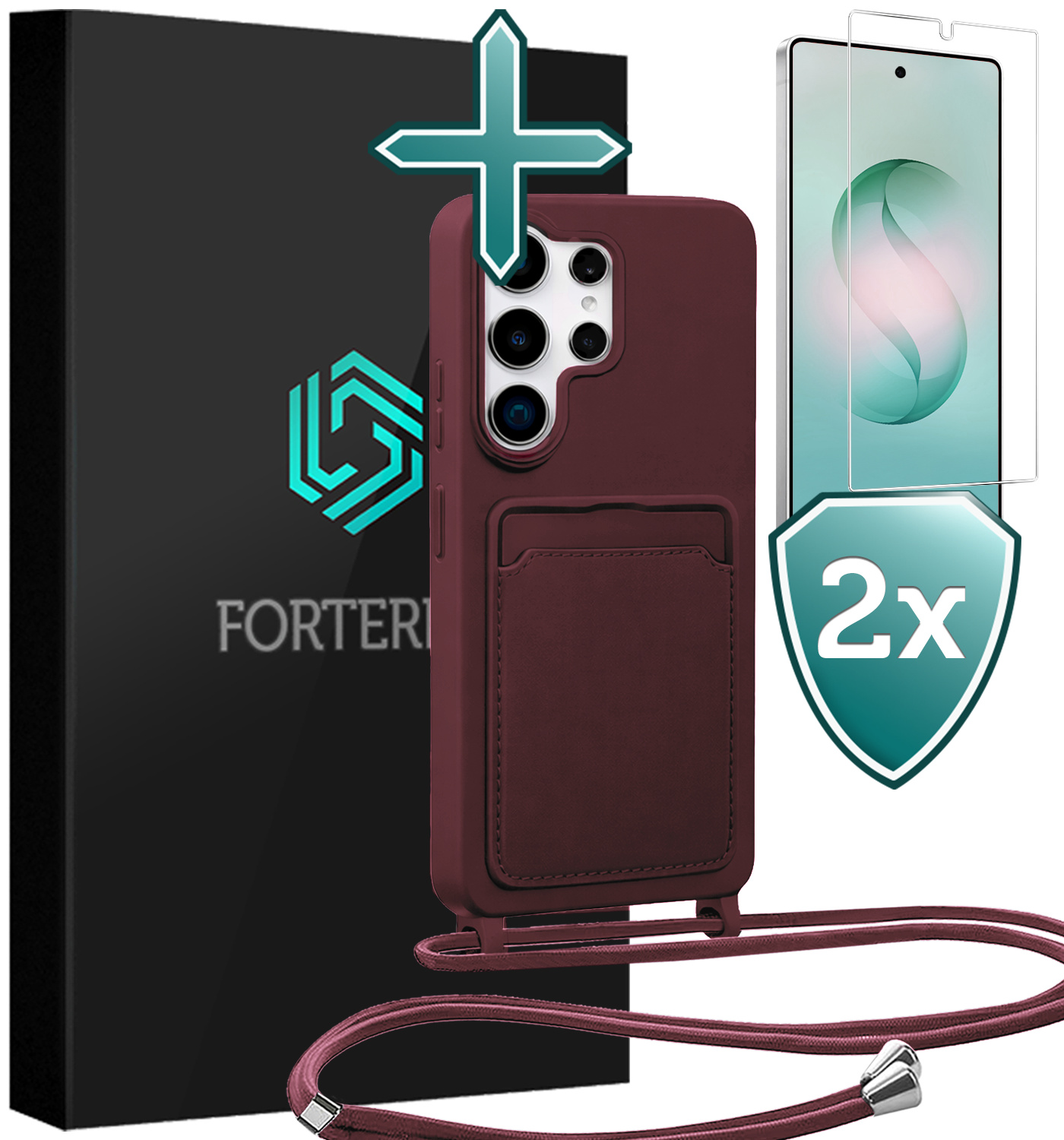 Forterra Forterra Samsung Galaxy S26 Ultra Hoesje Pashouder met Koord Met 2x Screenprotector - Aubergine