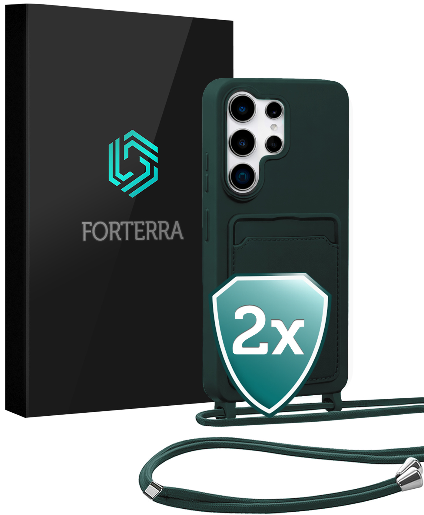 Forterra Forterra Samsung Galaxy S26 Ultra Hoesje Pashouder met Koord - Donkergroen - 2 PACK