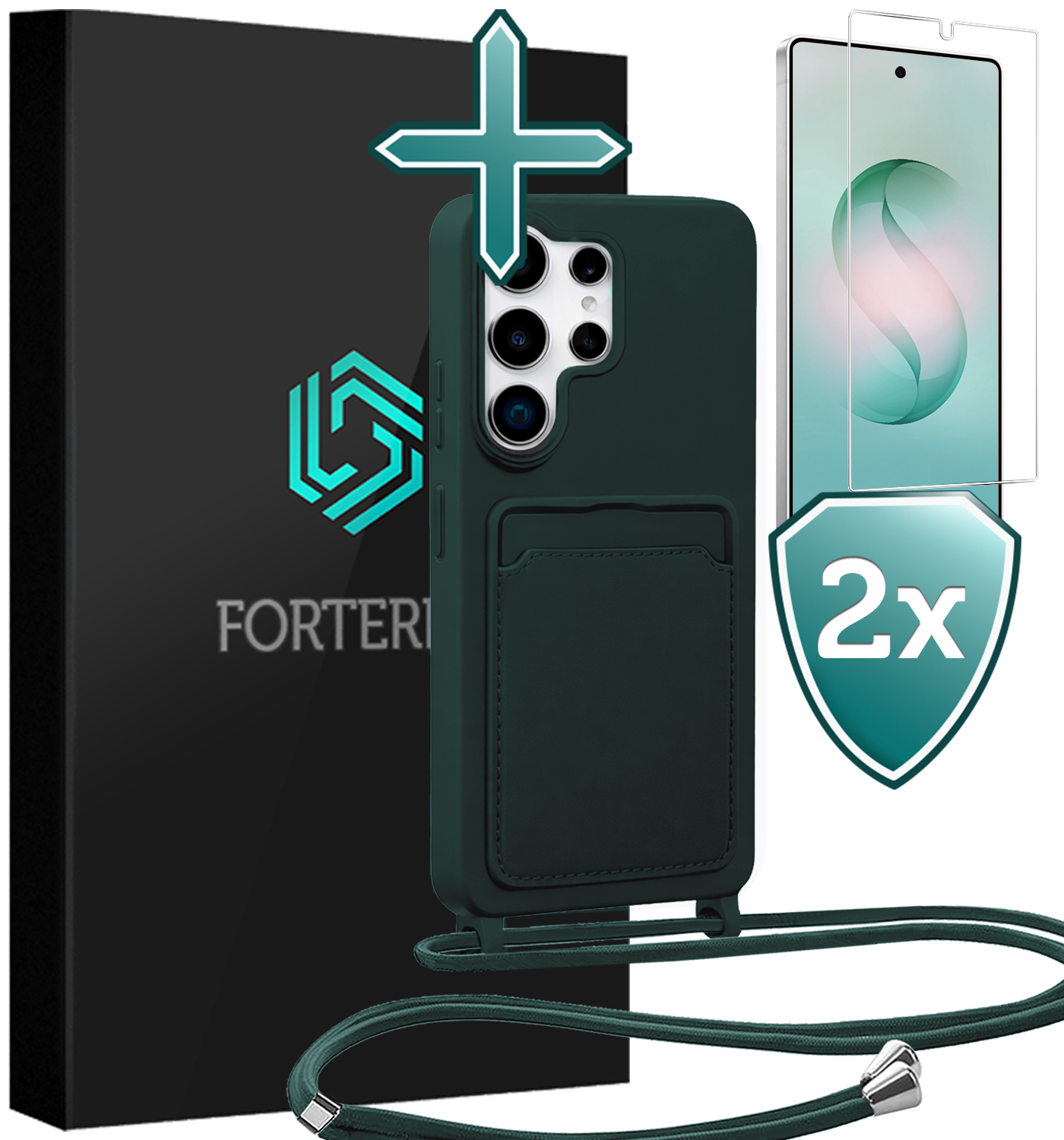 Forterra Forterra Samsung Galaxy S26 Ultra Hoesje Pashouder met Koord Met 2x Screenprotector - Donkergroen
