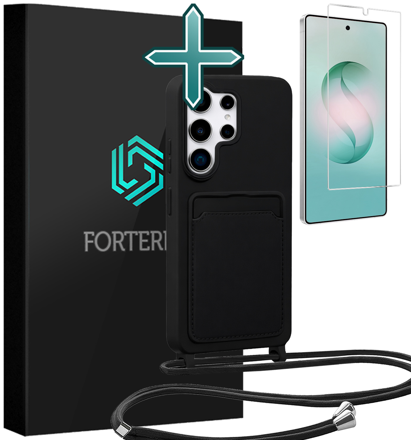 Forterra Forterra Samsung Galaxy S26 Ultra Hoesje Pashouder met Koord Met Screenprotector - Zwart