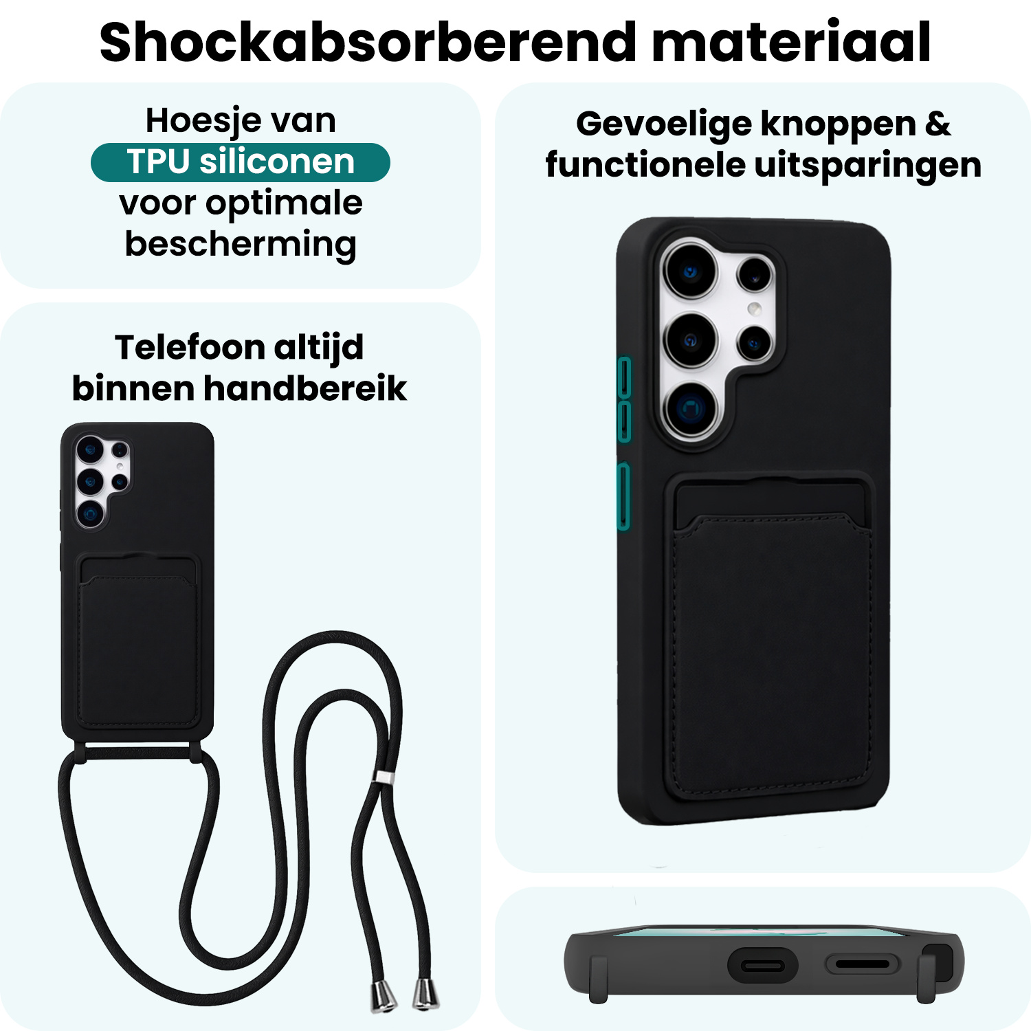 Forterra Forterra Samsung Galaxy S26 Ultra Hoesje Pashouder met Koord Met Screenprotector - Zwart