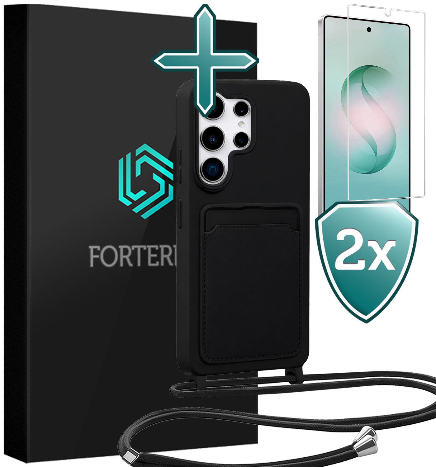 Forterra Forterra Samsung Galaxy S26 Ultra Hoesje Pashouder met Koord Met 2x Screenprotector - Zwart