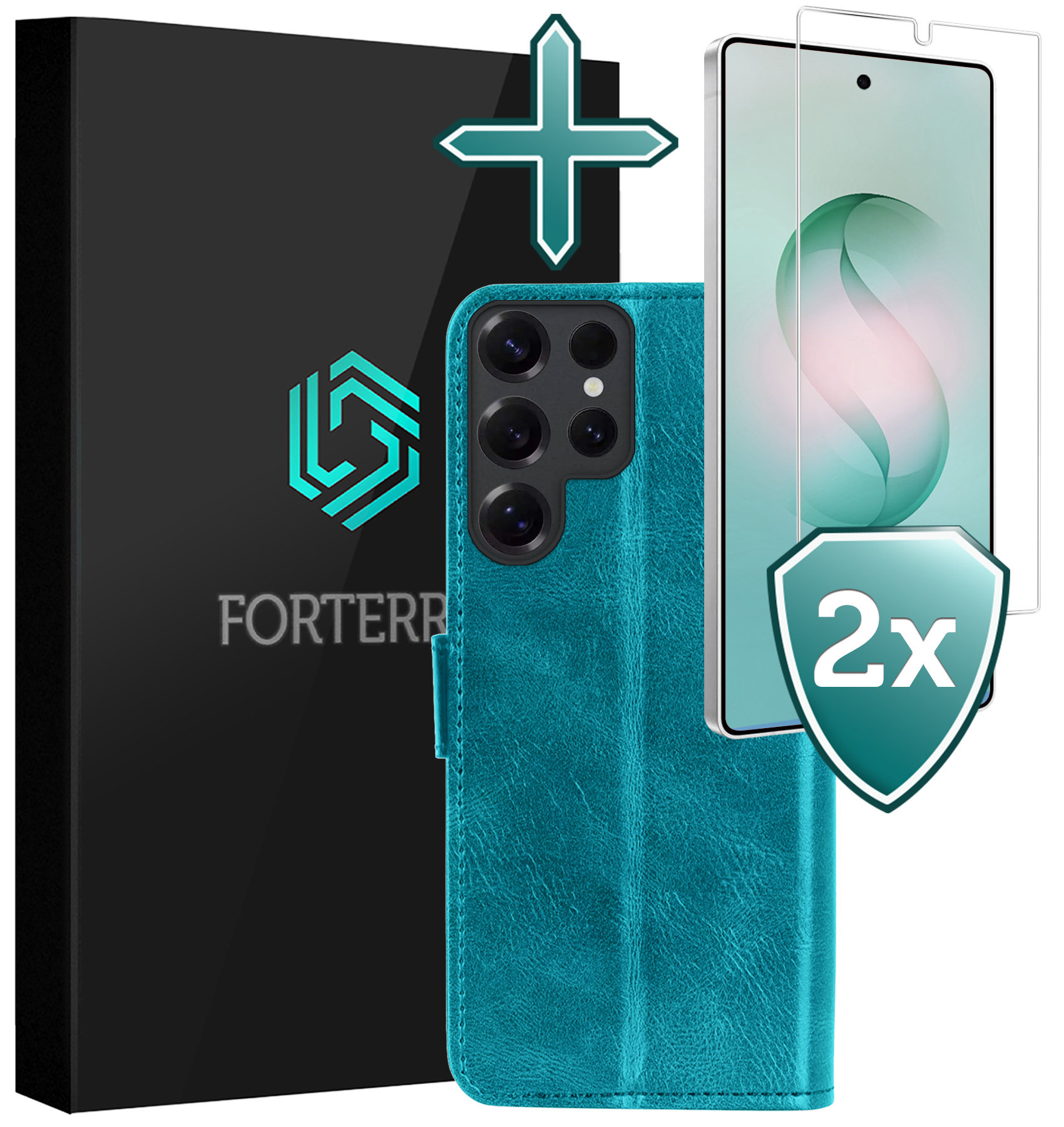 Forterra Forterra Samsung Galaxy S26 Ultra Hoesje Bookcase Met 2x Screenprotector - Turquoise